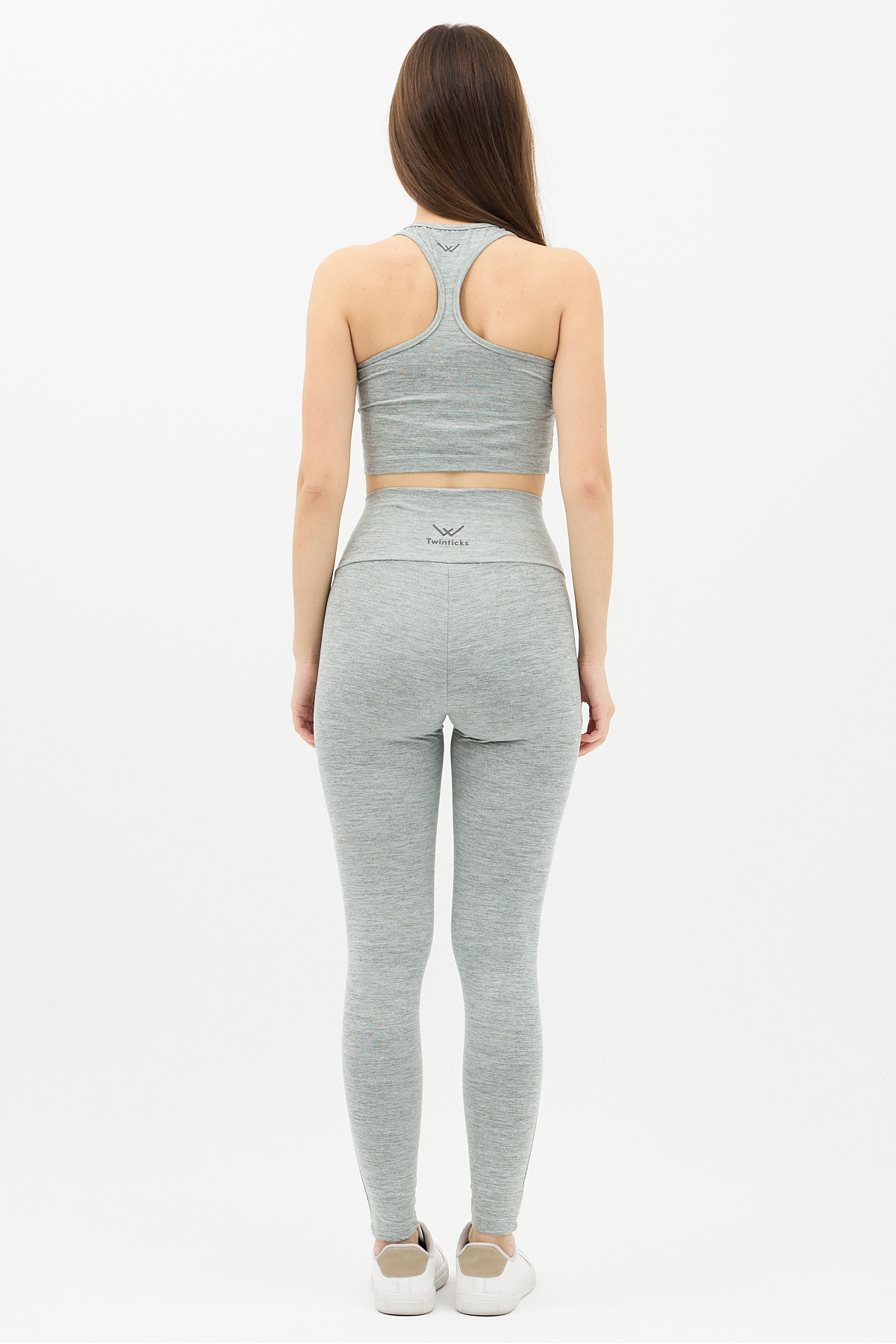 TWINTICKS  Gizli Cepli Yüksek Bel Gri Spor Tayt Takımı - Crop büstiyerli Yoga ve Fitness Seti - Görsel 6