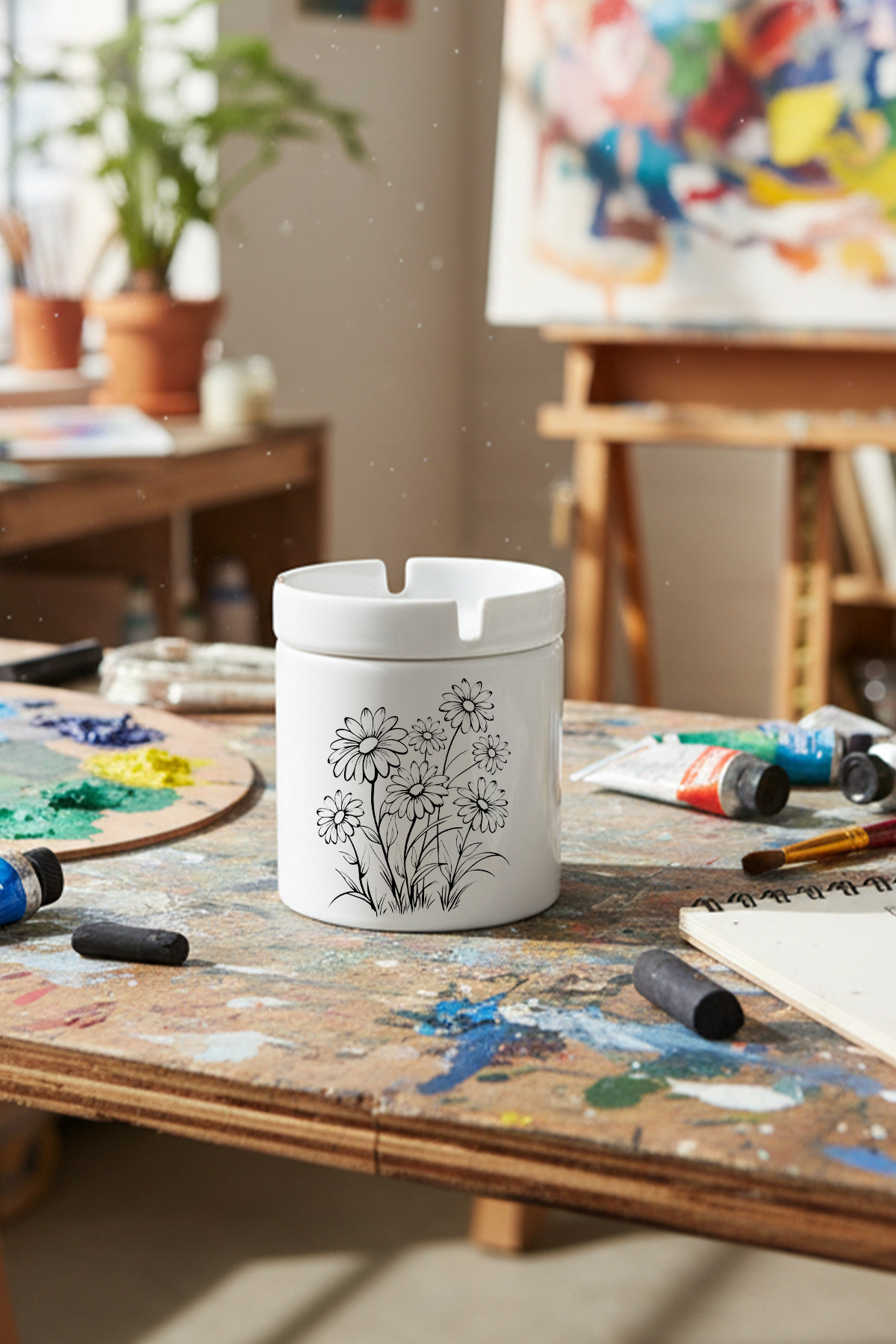 sartre art Siyah Çiçekler Baskılı Seramik Kapaklı Kokusuz Küllük