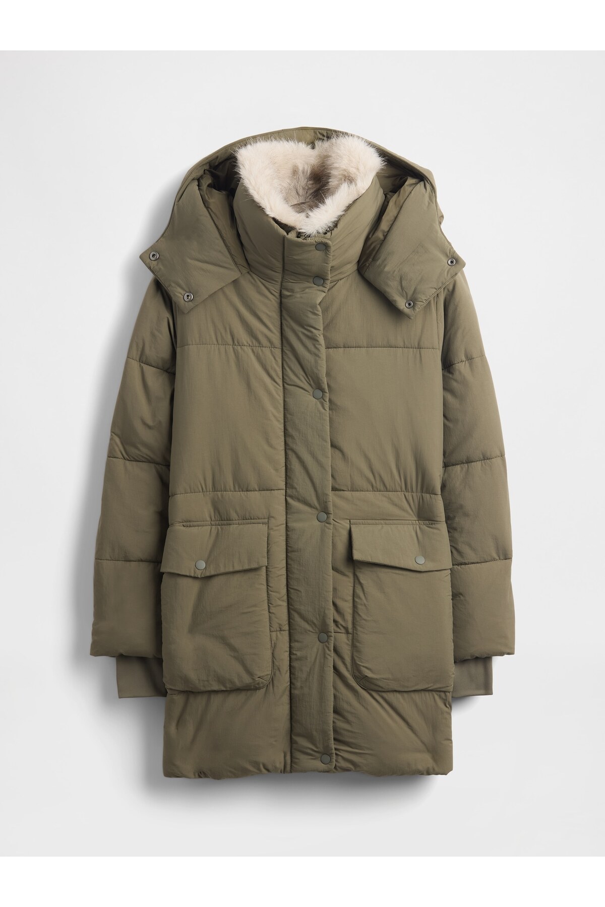 GAP  Kadın Haki Faux Fur-Trim Midi Puffer Şişme Ceket - Görsel 2