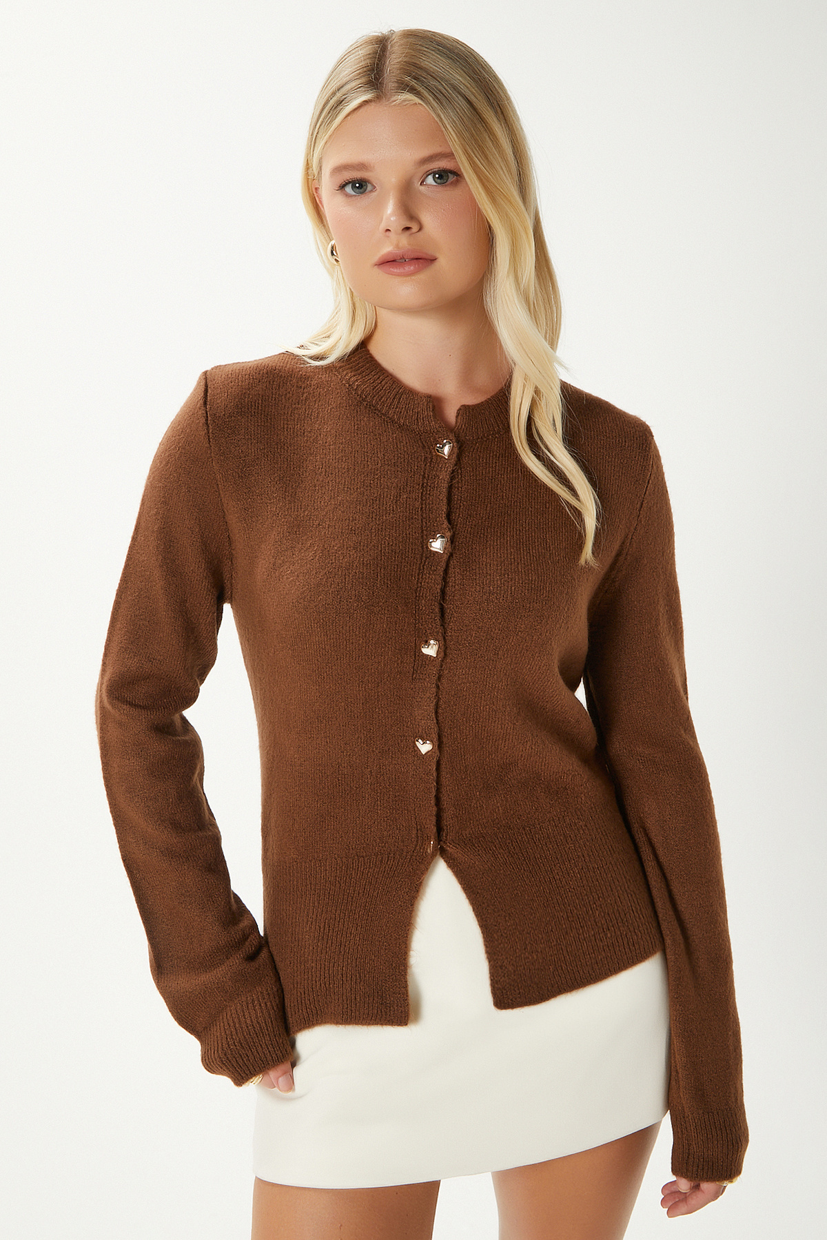 Women's Donna Soft Textured Heart Buttoned Brown Knitwear Cardigan