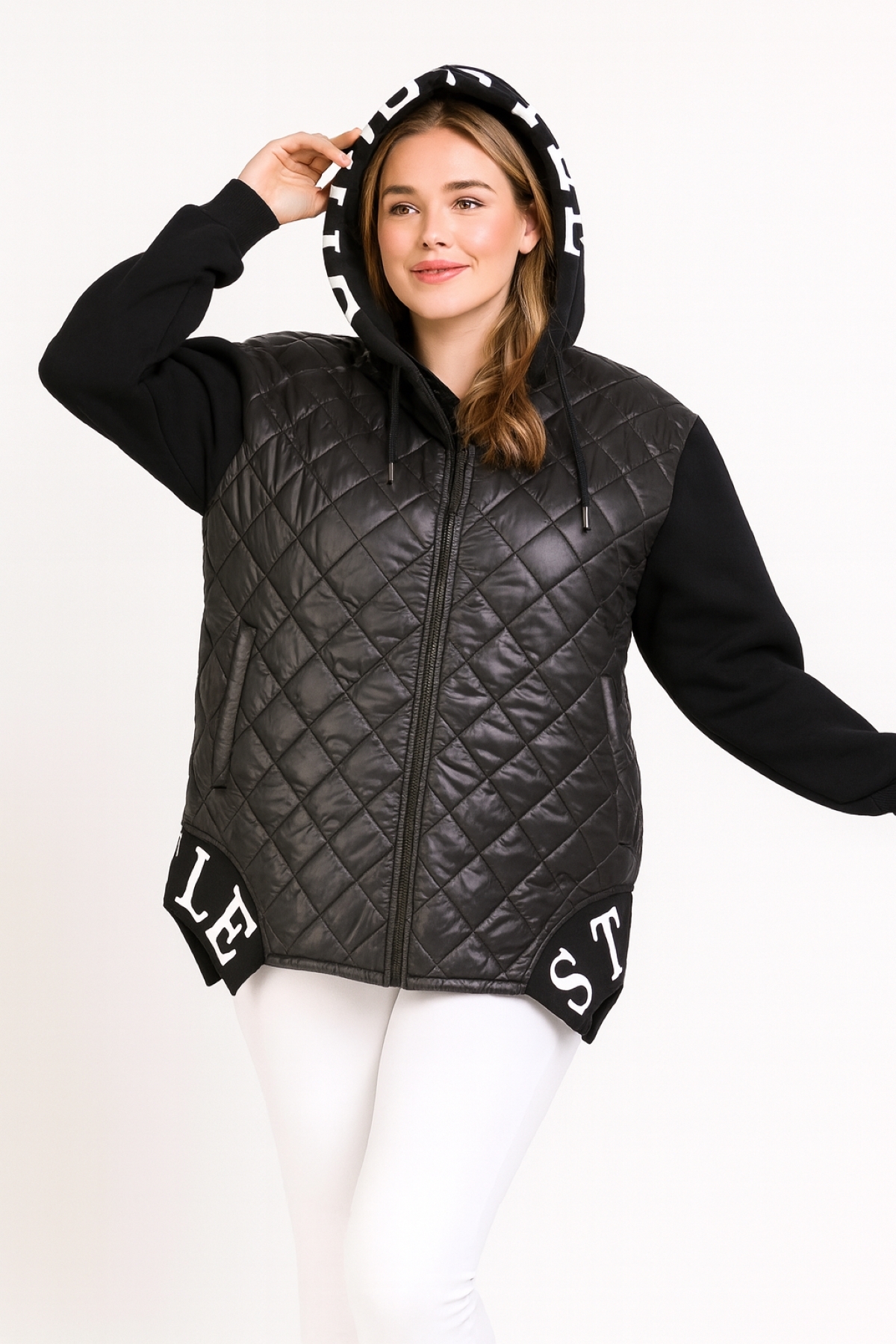 Women's Plus Size Black Quilted Jacket with Hood and Pocket 65N39253