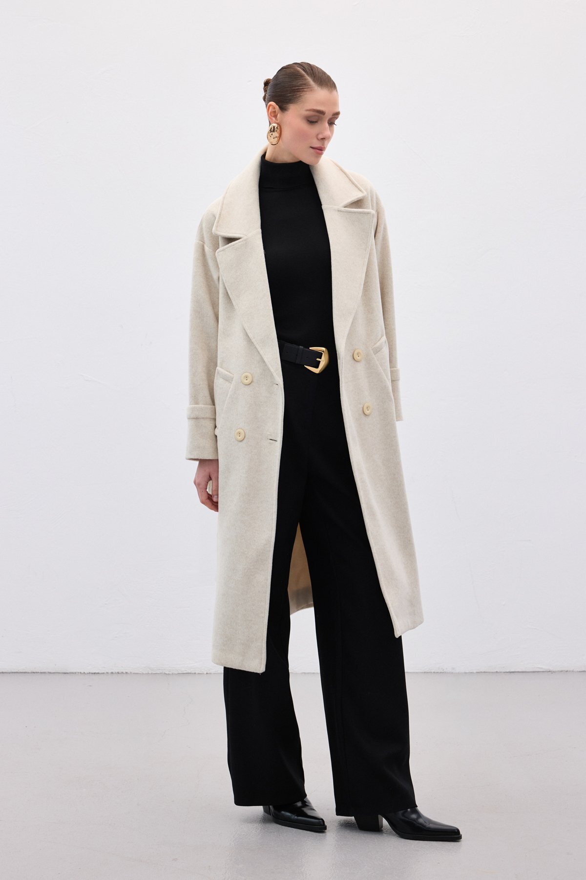 Sateen  Beli Bağlamalı Uzun Kaban - Taş - Görsel 4