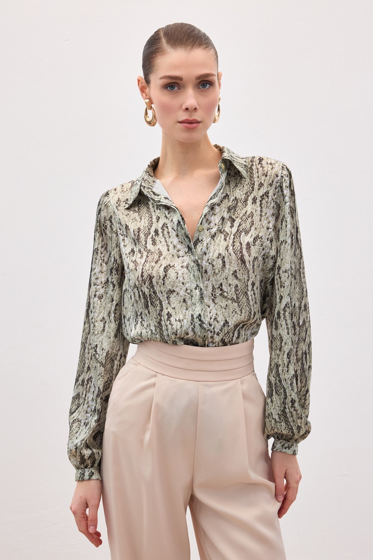 Sateen  Desenli Gömlek - Haki - Görsel 2