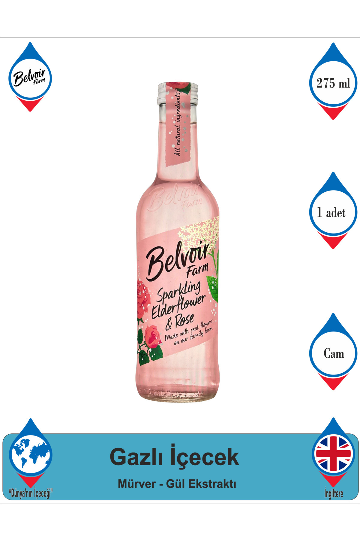 Belvoir Mürverli ve Gül Ekstraktlı Gazlı İçecek 275 ML