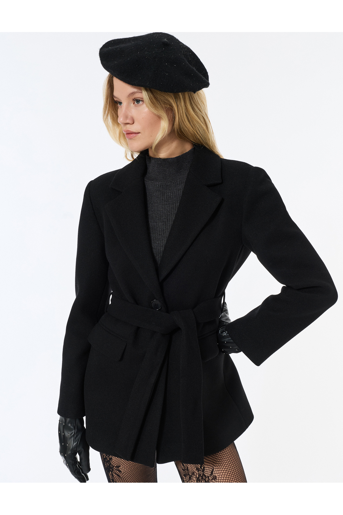 Koton  Kısa Kaban Kaşe Kemerli Cepli Kruvaze Uzun Kollu - Görsel 2