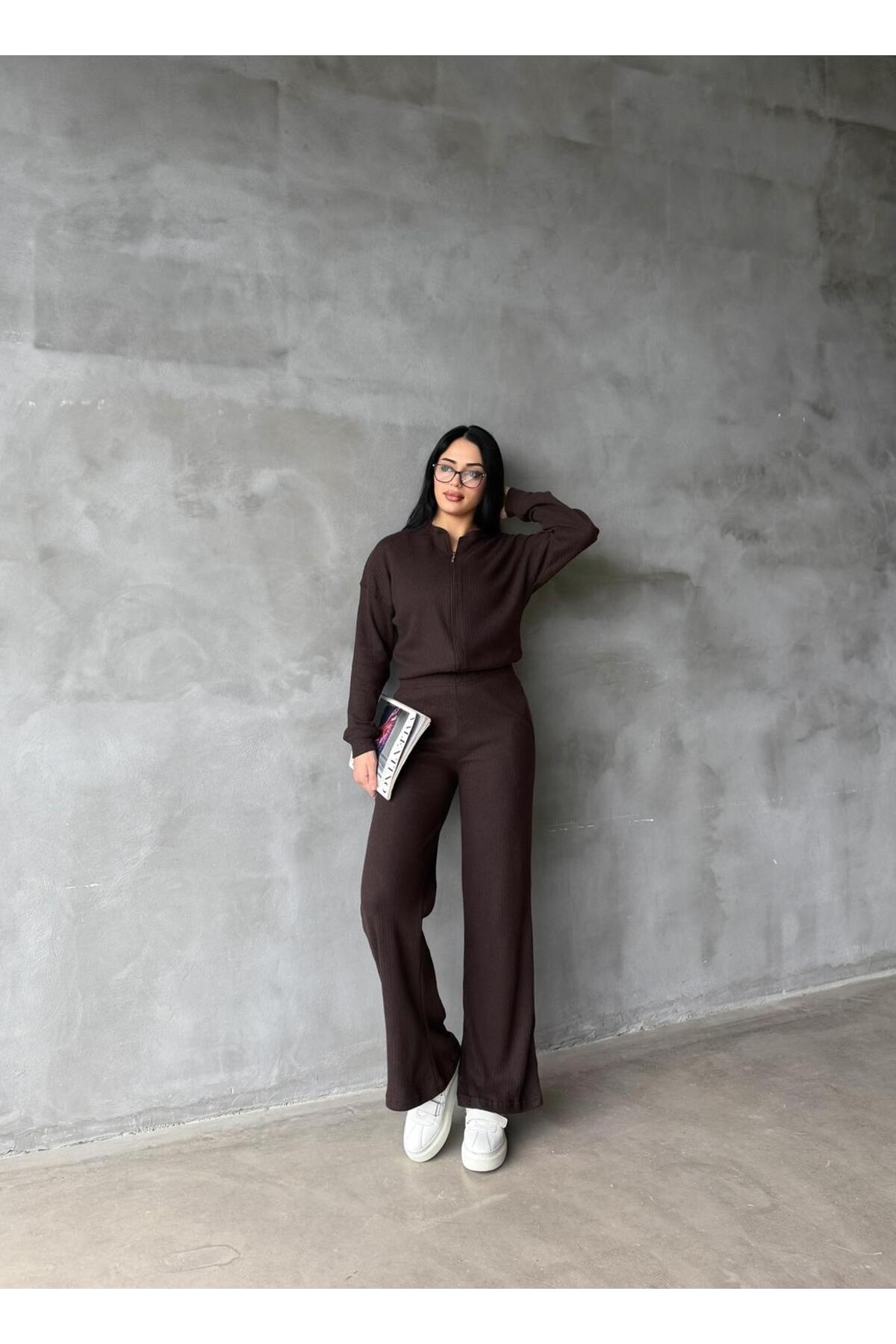 BITTER BROWN RAISED KNITWEAR PANTS BOMBER JACKET WOMEN'S BOTTOM-TOP SET