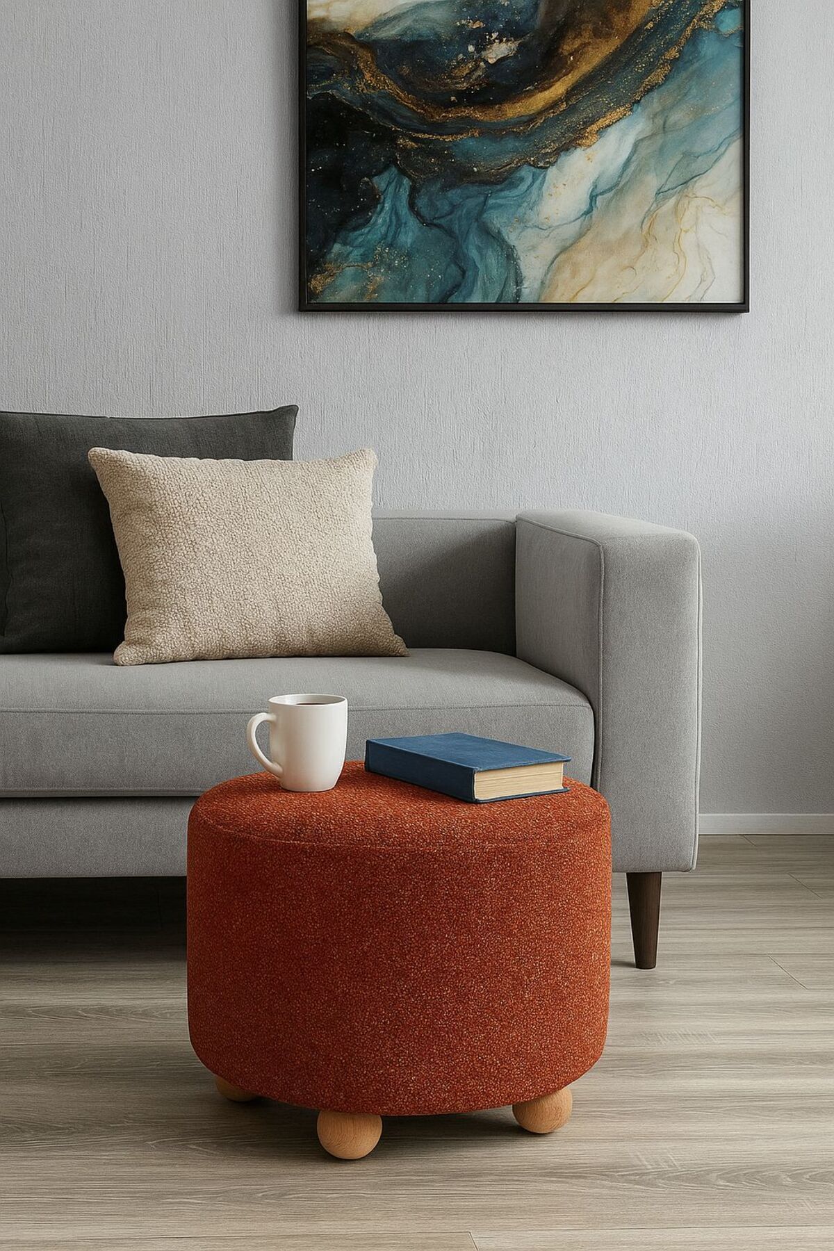 WEBPANYA Ahşap Ayak Geniş Oturum Bohem Özel Tasarım Turuncu Dokuma Kumaş Puf Orta Sehpa Salon Oturma Odası