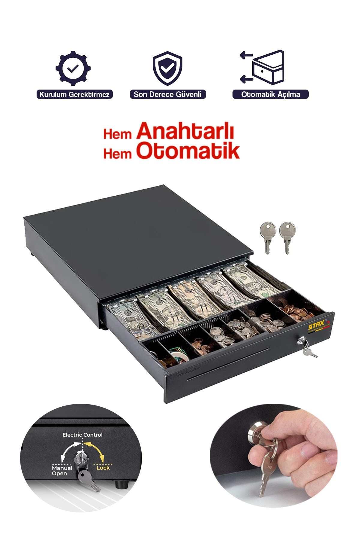 STAXX POWER Büyük Boy Çelik Elektronik Para Çekmecesi – 5 Kağıt Para ve 5 Metal Para Gözlü Kasa Sistemi 41x41 cm