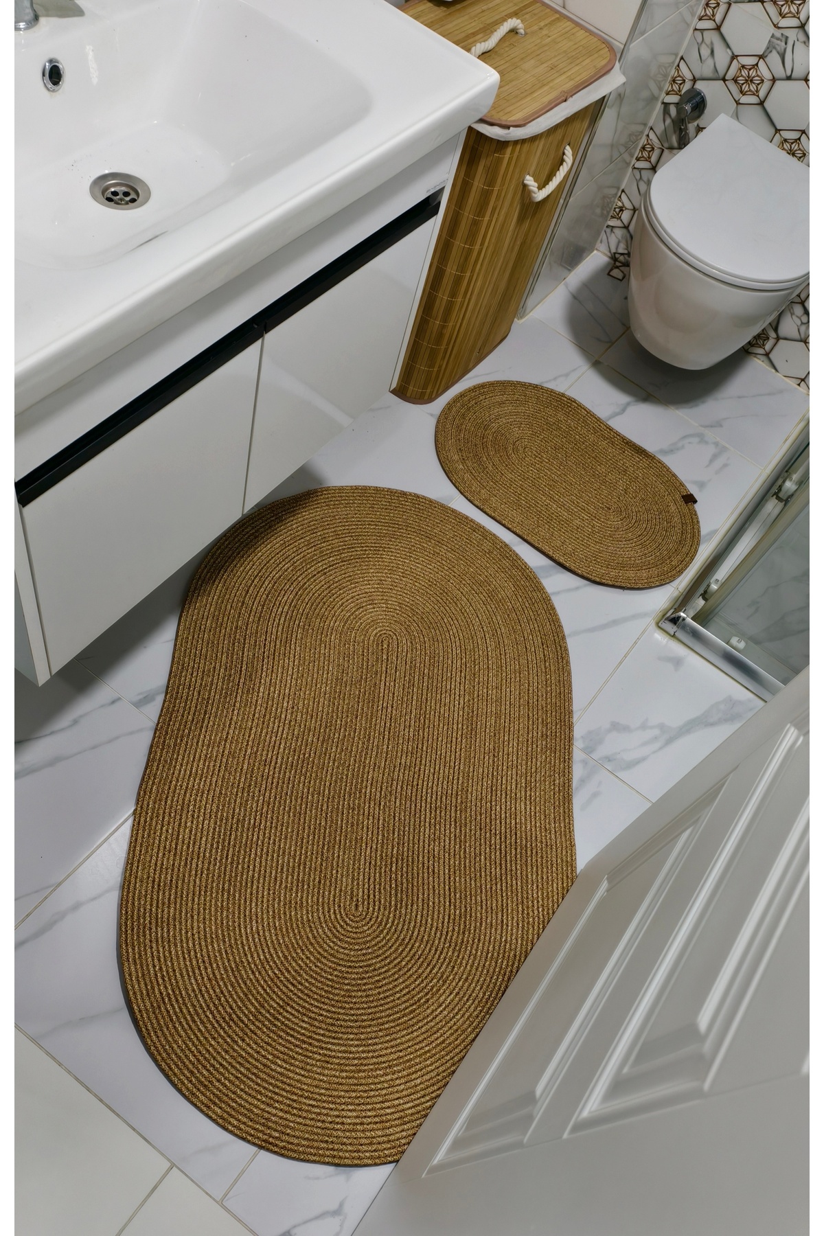 Jute Wicker Large Size 2-Piece Bath Mat Set, 70x120 / 40x60 Bathroom Set