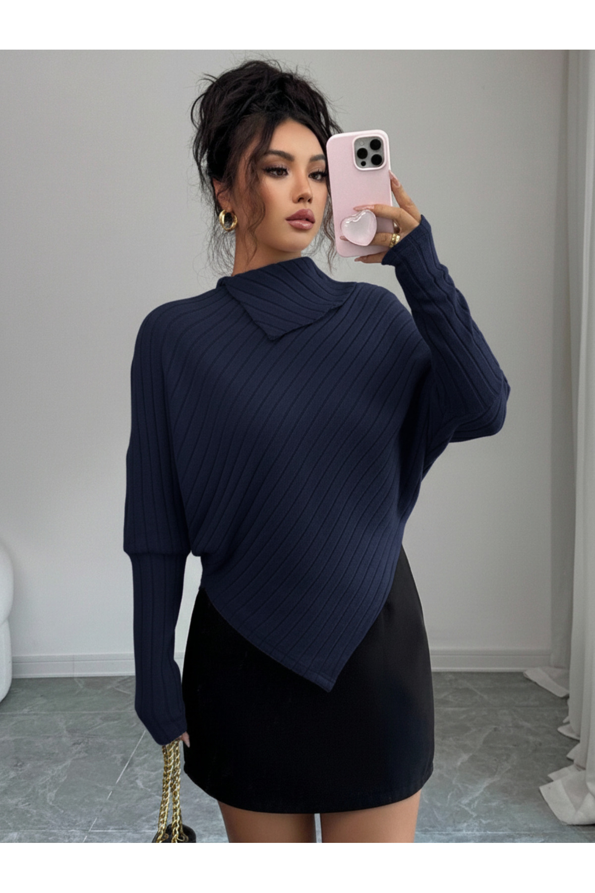 navy blue high collar wick fabric asymmetrical hem bat sleeve stylish top