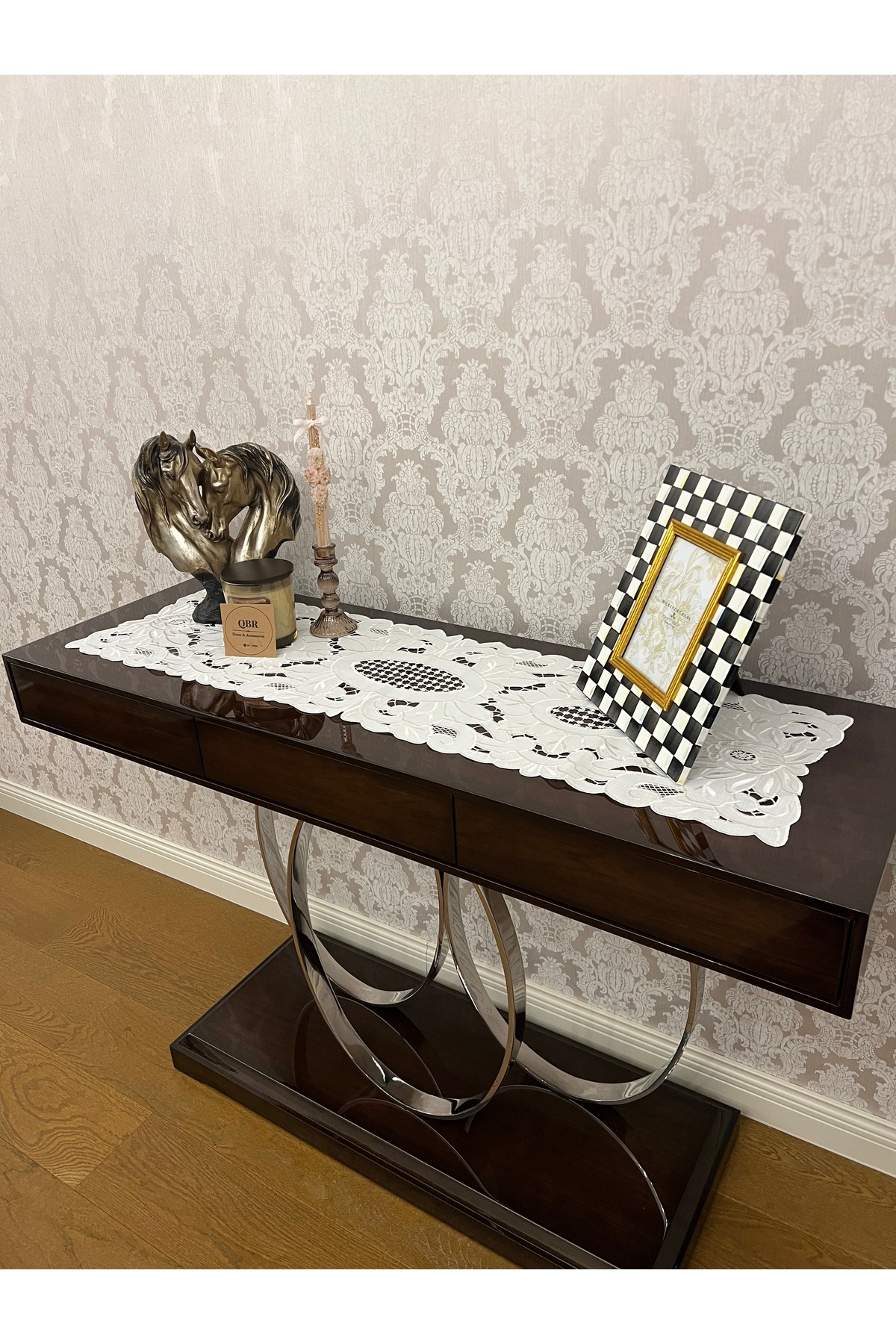 Antique Hole Work Console Cover & Runner. Peony Model 34 x 120 cm