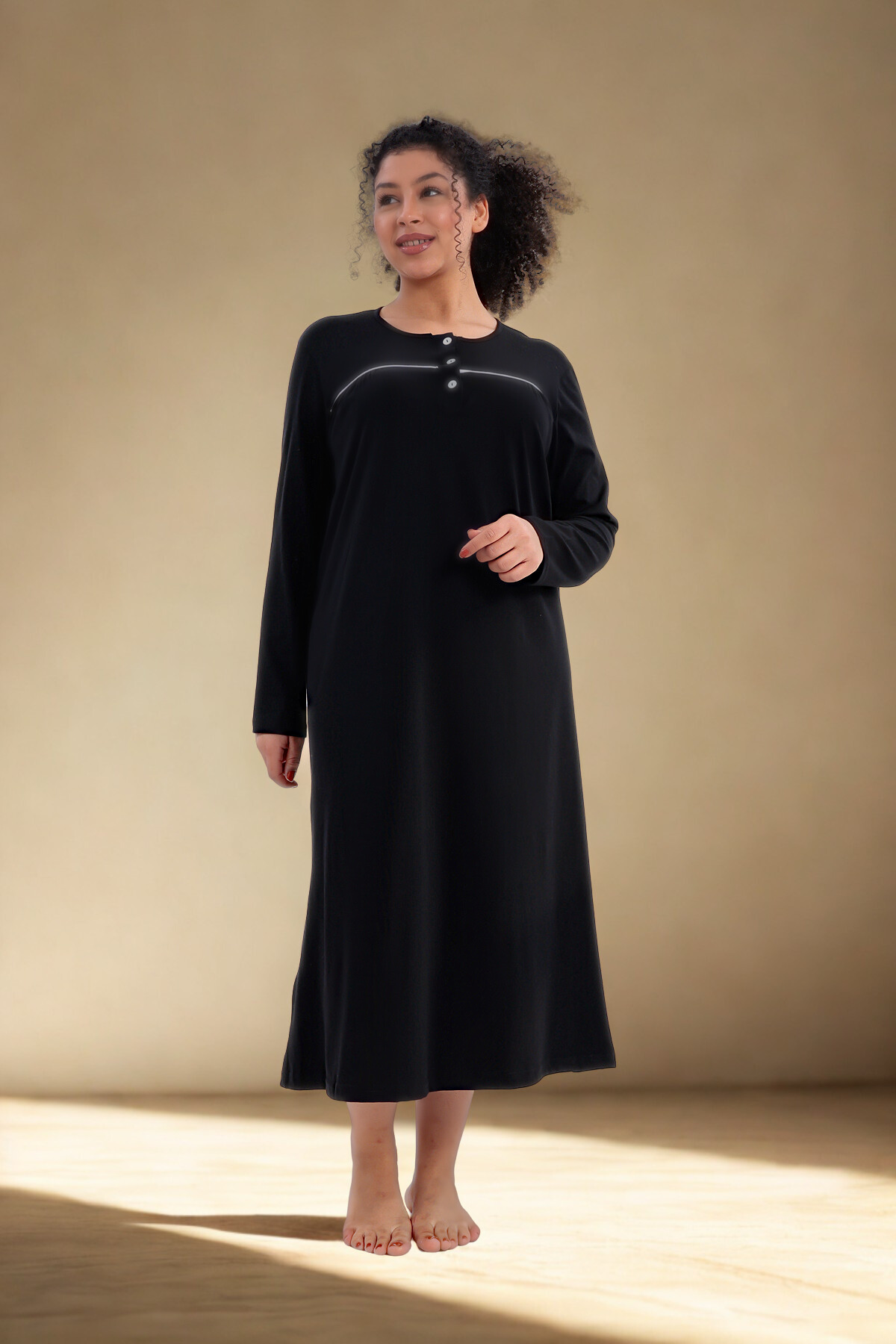 bigmama Kadın 100% kompakt Penye Düğmeli Yaka Rahat Büyük Beden Tam Boy Battal Anne Gecelik