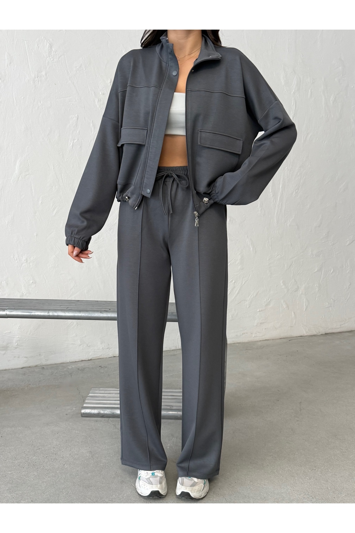 BEJNA Kobieta Antracitowa kurtka bomber Spodnie Zestaw z tkaniny modalnej