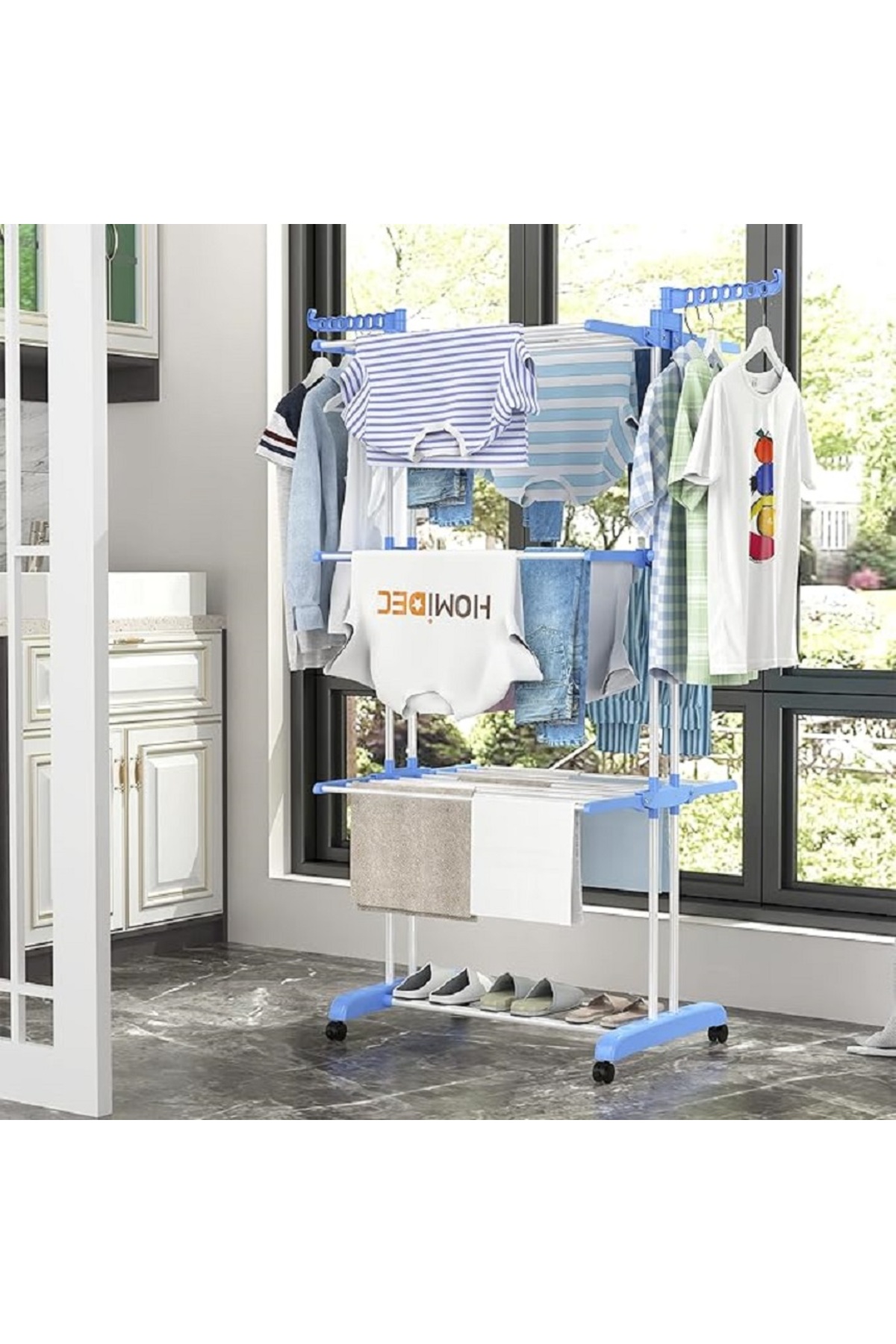 رف تجفيف الملابس من إيرير، رفوف غسيل ملابس قابلة للطي والتعديل من الفولاذ المقاوم للصدأ بأربع طبقات، أزرق