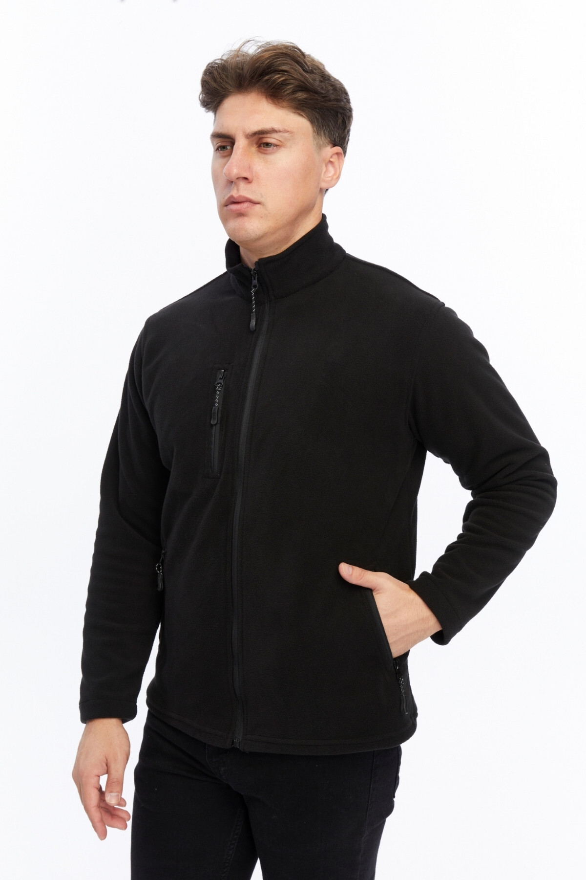 Uniprom  Erkek Polar Ceket Tam Fermuarlı 3 Cepli Siyah Etek Reçme - Görsel 6