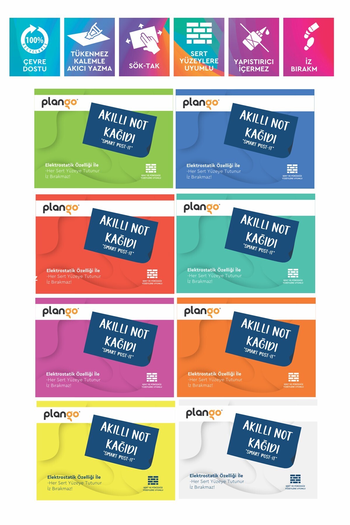 Plango Elektrostatik Akıllı Not Kağıdı Yapışkansız Post-it 7x10cm 8'li PAKET