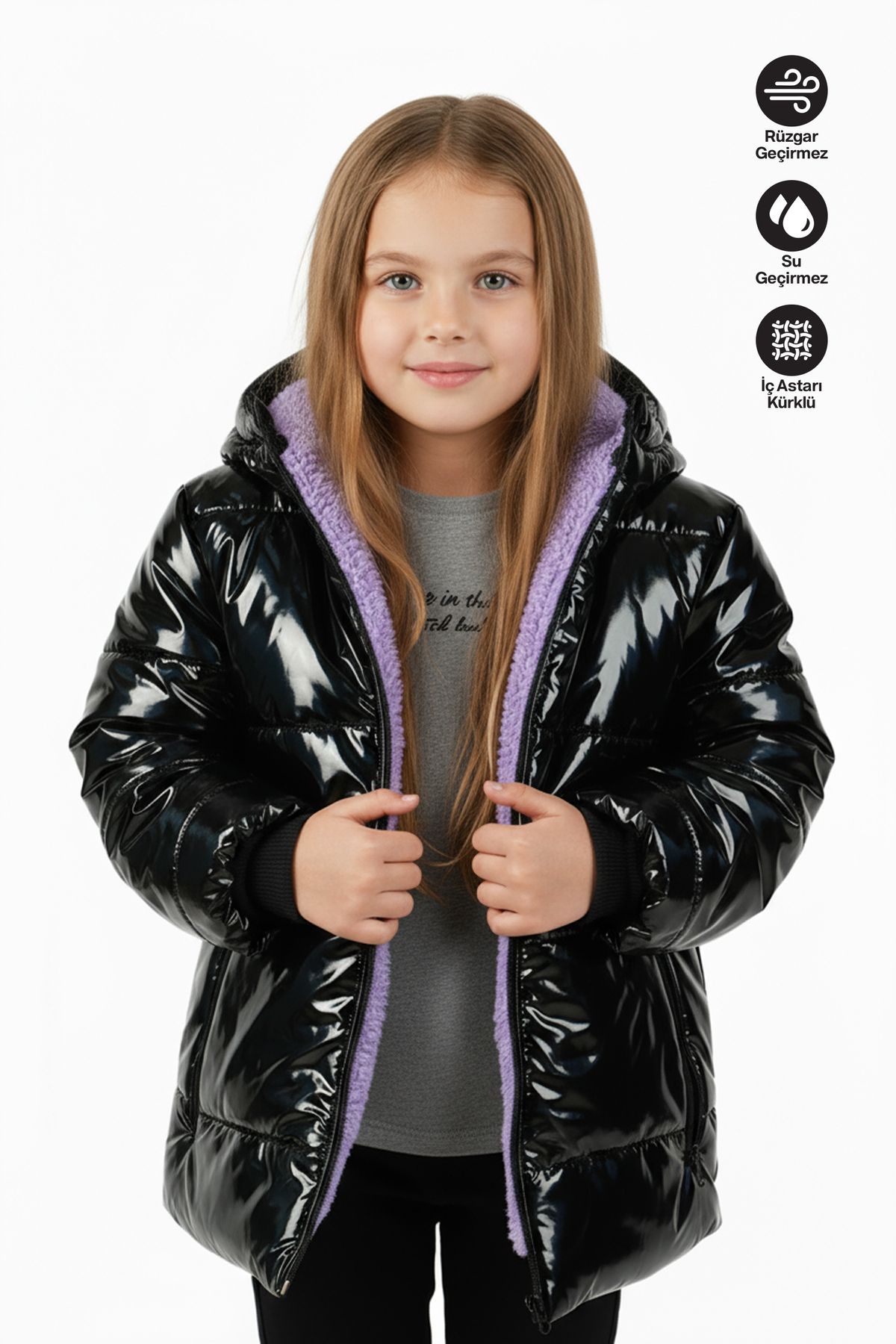 Girls Water and Windproof Furry Hooded Black Shiny Coat