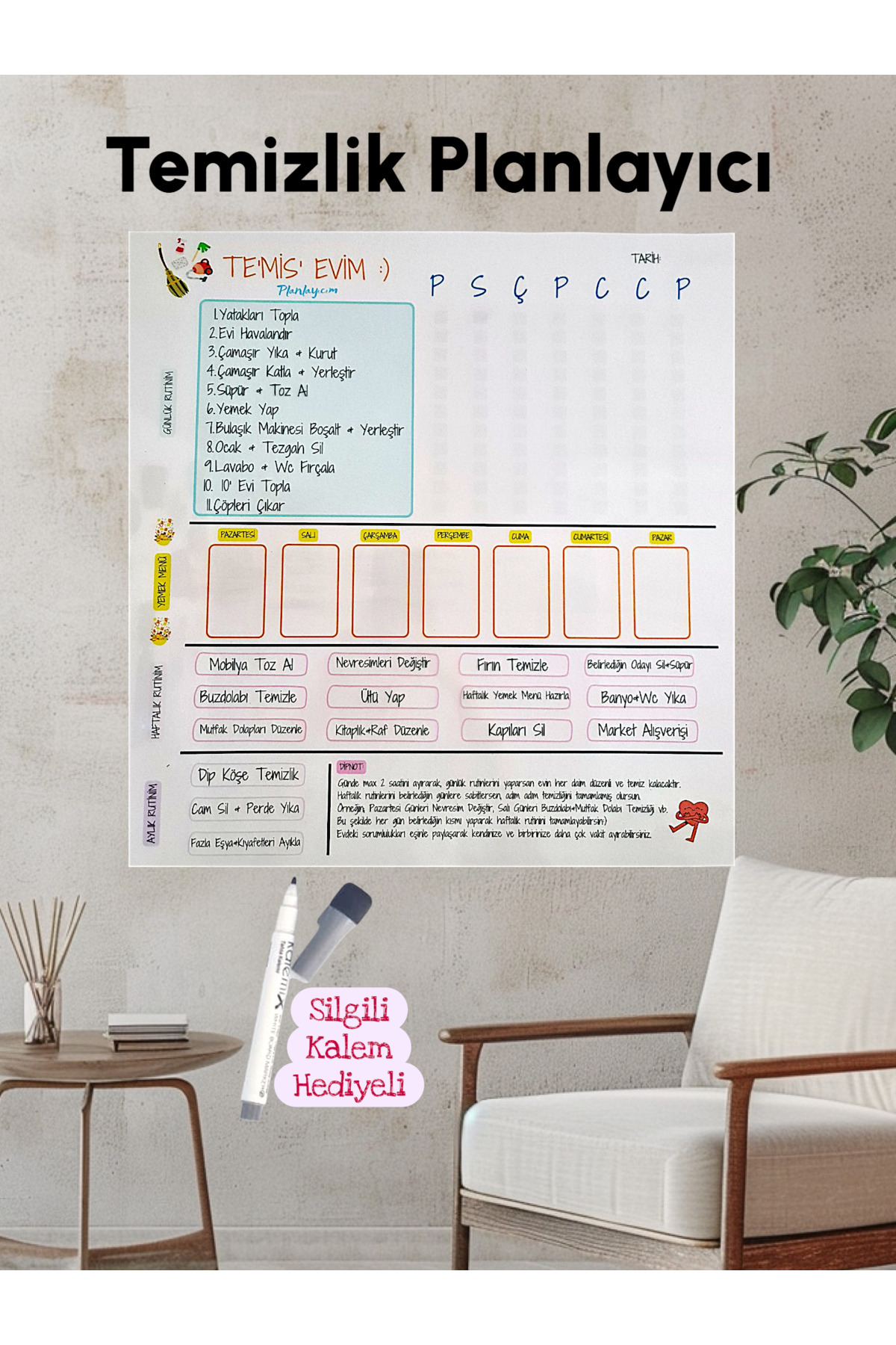 Cici Kızlar Toys Özel Tasarım Kendiliğinden Yapışan Akıllı Kağıt Yemek Menü & Temizlik Planlayıcı (50* 50 cm)