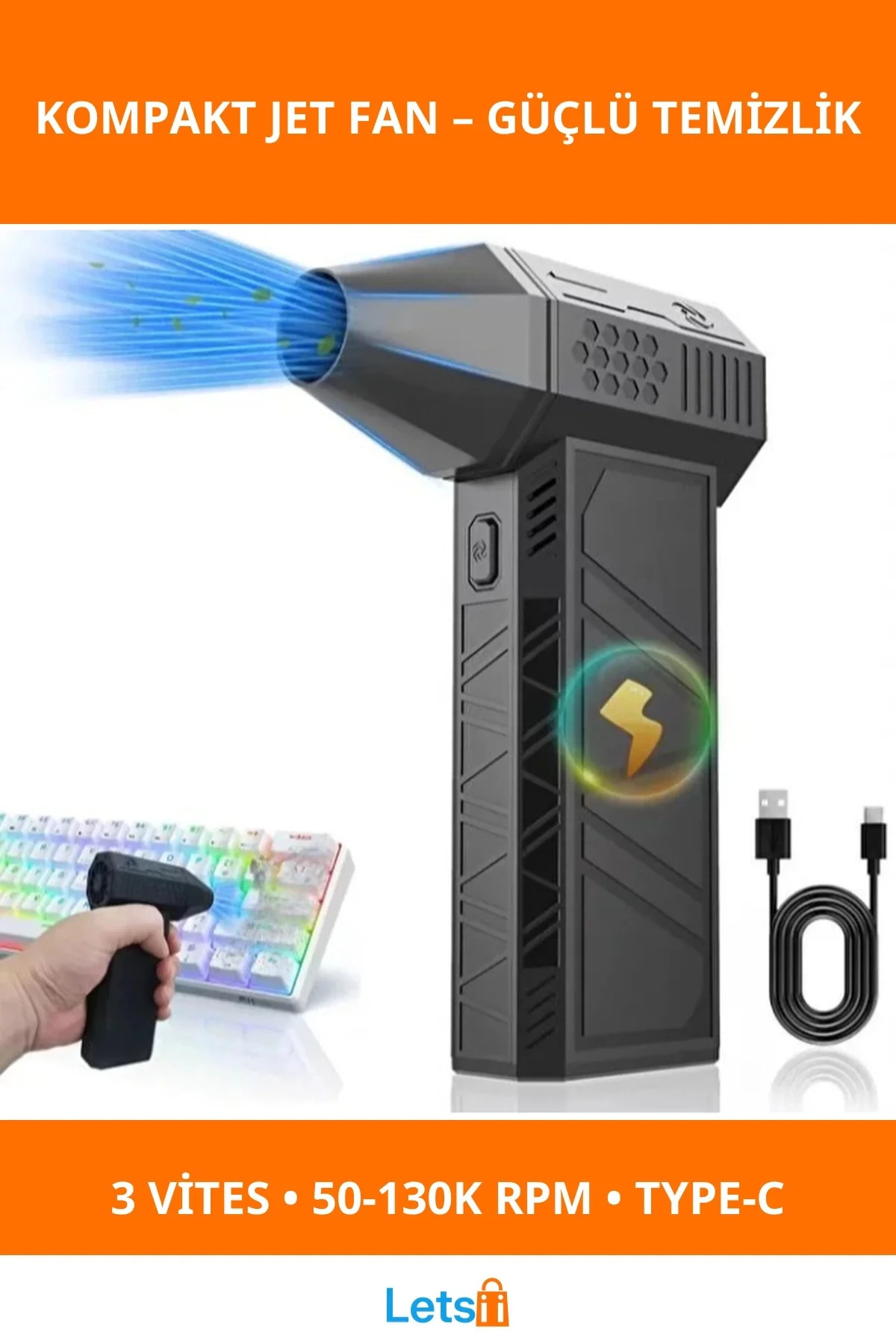 Letsii Taşınabilir Kompakt Jet Fan 3 Vites 130.000 RPM Hız Özellikli