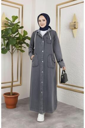 Hb Harma Time Butik Kadın Cepli Düğmeli Kapüşonlu Denim Koyu Gri Trençkot