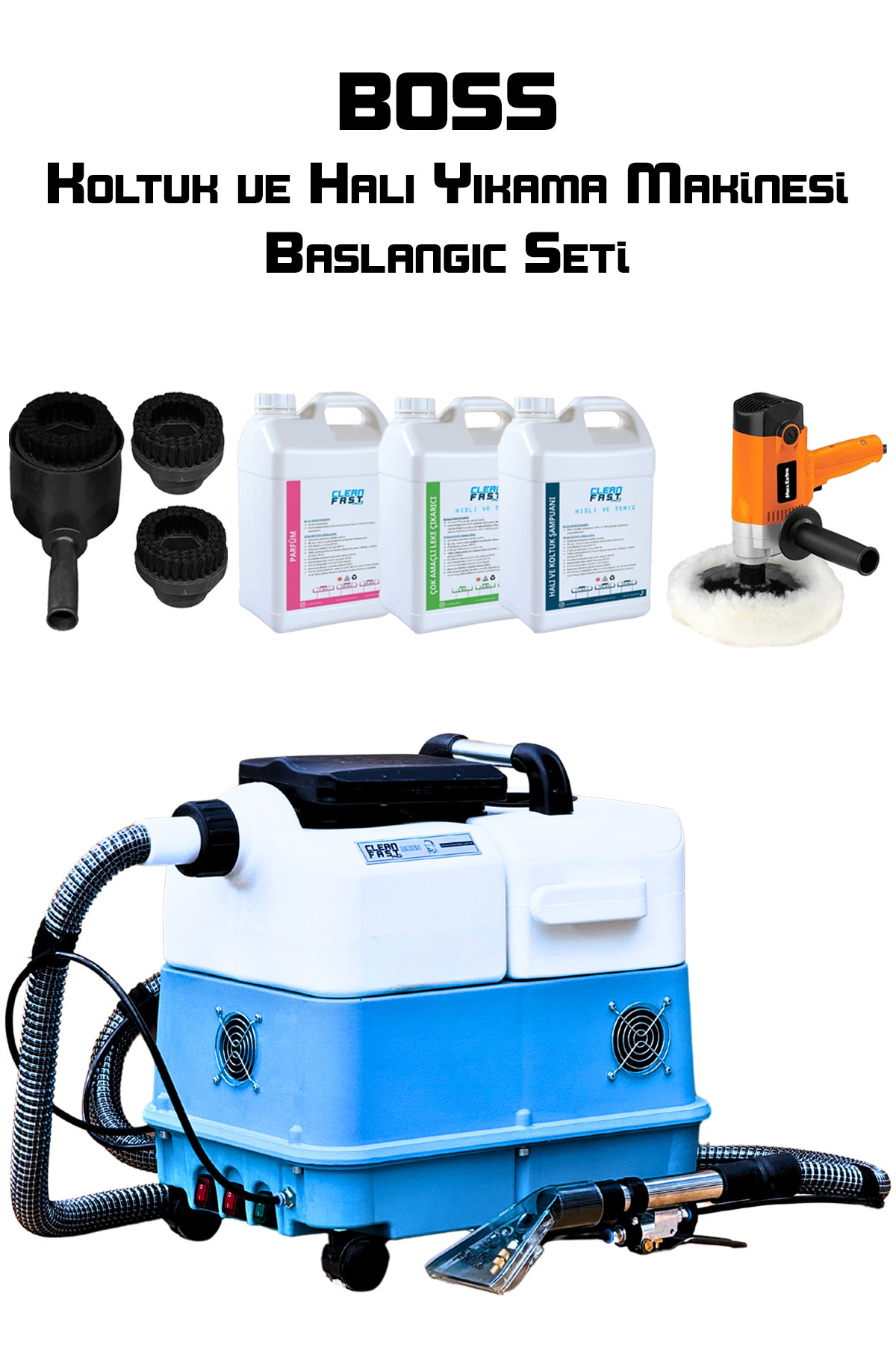CF CLEANFAST Boss Koltuk ve Halı Yıkama Makinesi Başlangıç Seti Polisaj Makinesi Su Sıçratmaz Fırça Parfüm Şampua