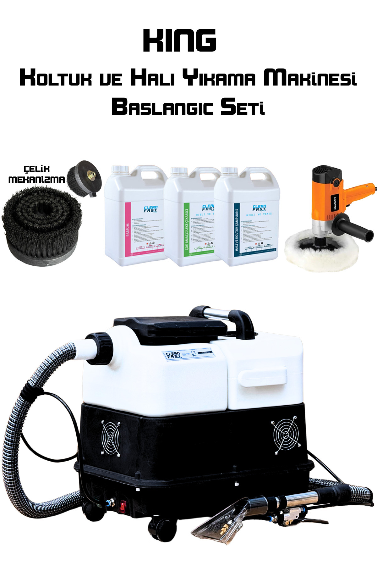 CF CLEANFAST King Tek Motorlu Koltuk ve Halı Yıkama Makinesi Yan Ekipman Seti Polisaj Makinesi Çelik Mekanizmalı