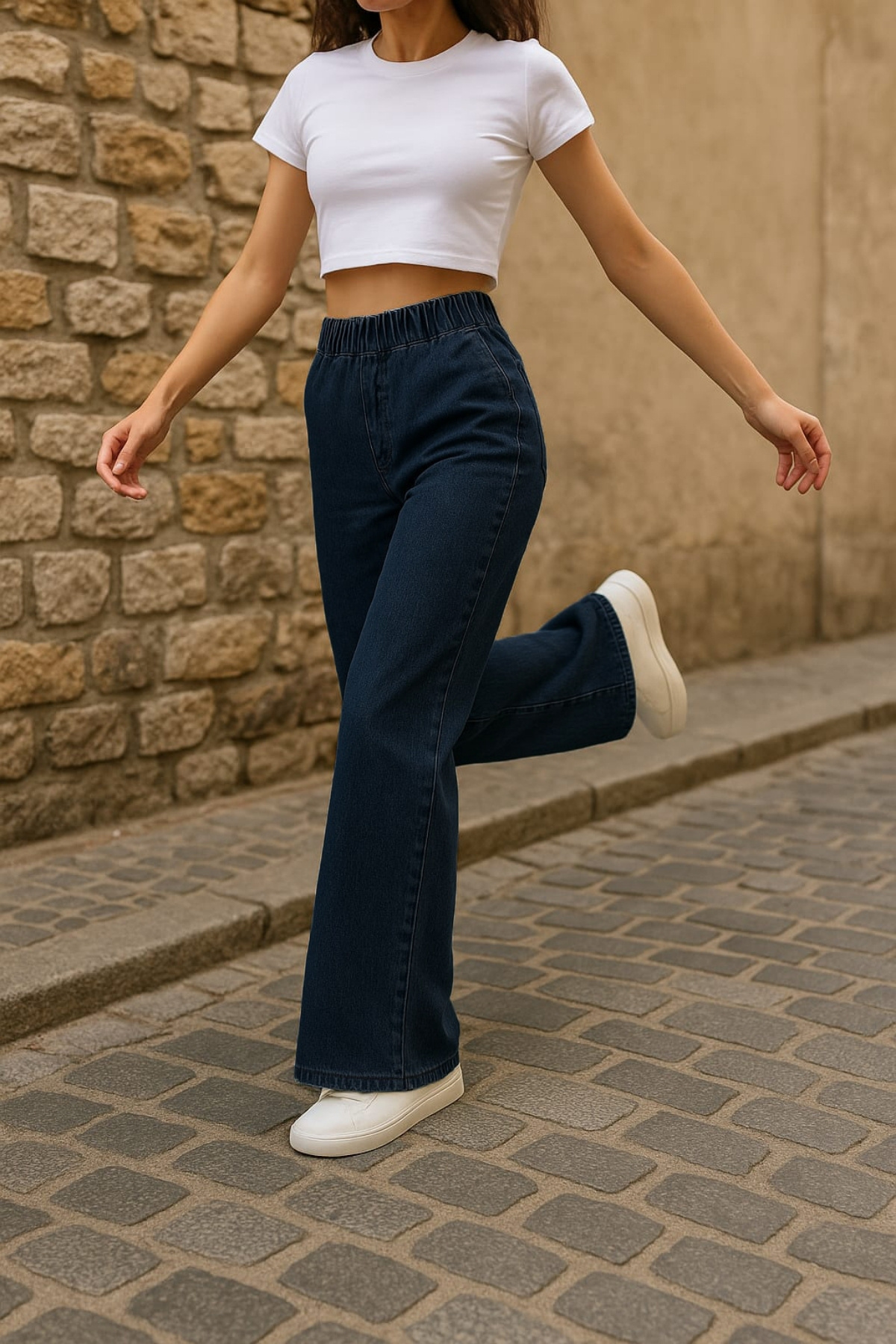 CEDY DENIM  - Likralı Kumaş Cepsiz Beli Lastikli Palazzo Pantolon C640-Mavi - Görsel 6