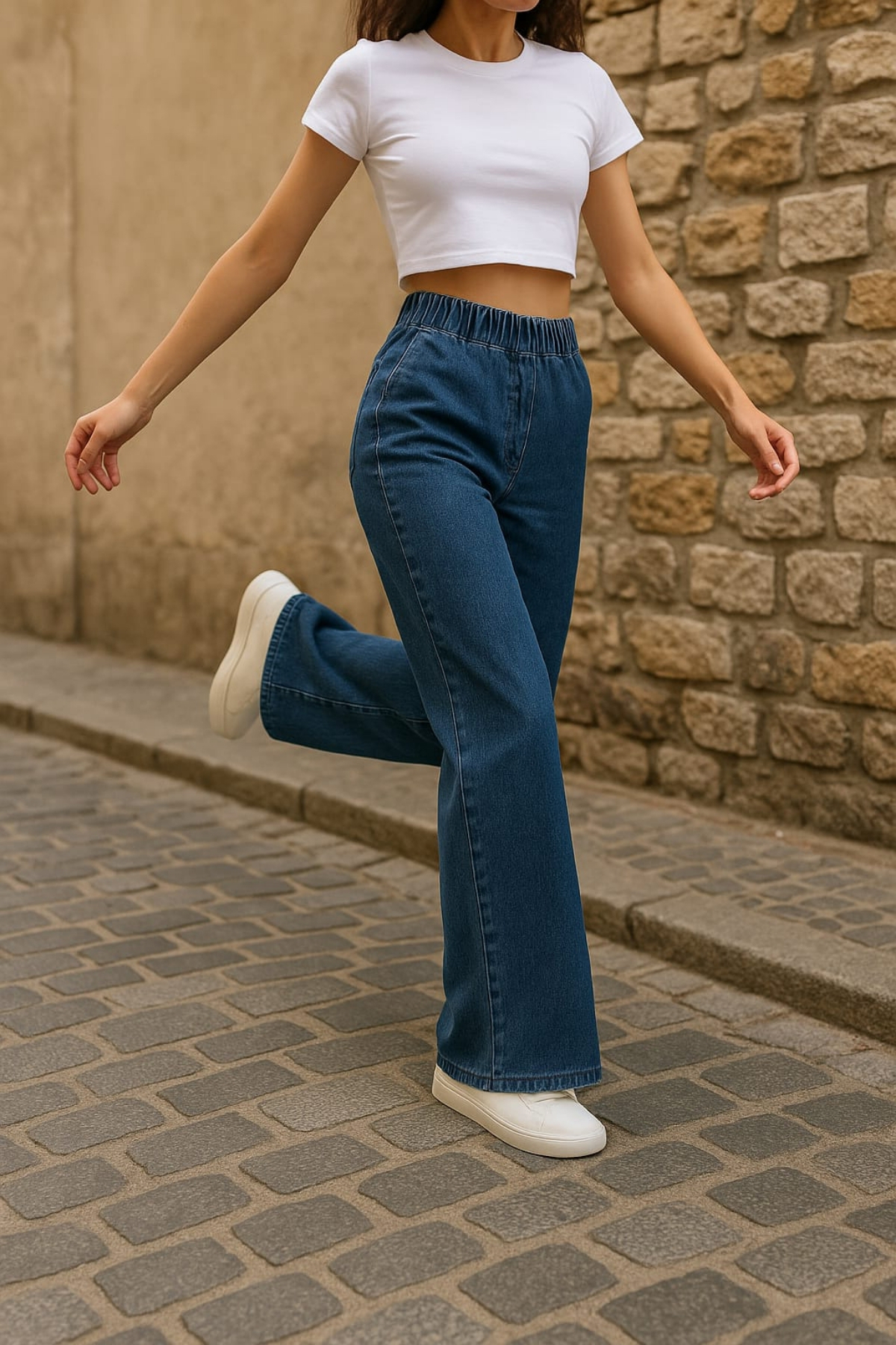 CEDY DENIM  - Likralı Kumaş Cepsiz Beli Lastikli Palazzo Pantolon C640-Açık Mavi - Görsel 6