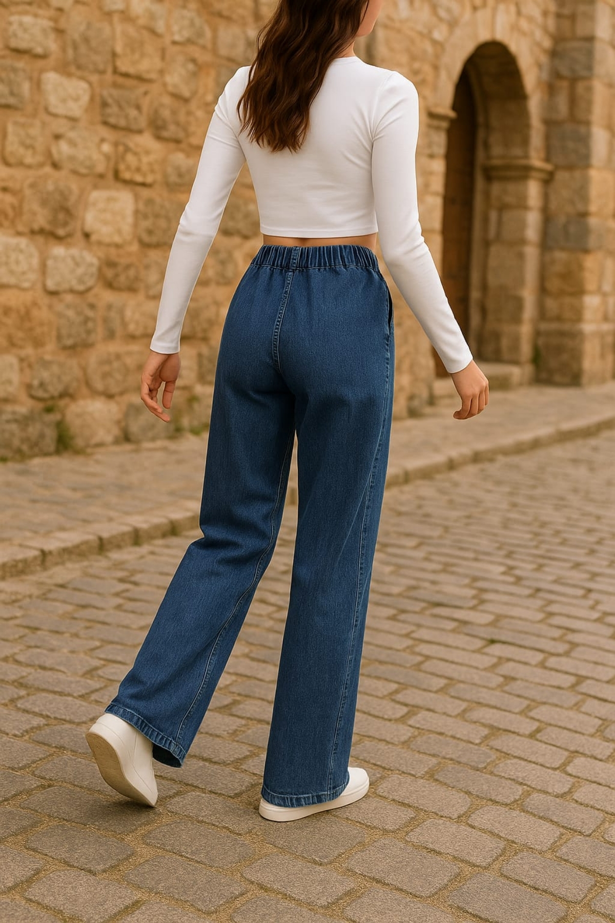 CEDY DENIM  - Likralı Kumaş Cepsiz Beli Lastikli Palazzo Pantolon C640-Açık Mavi - Görsel 7