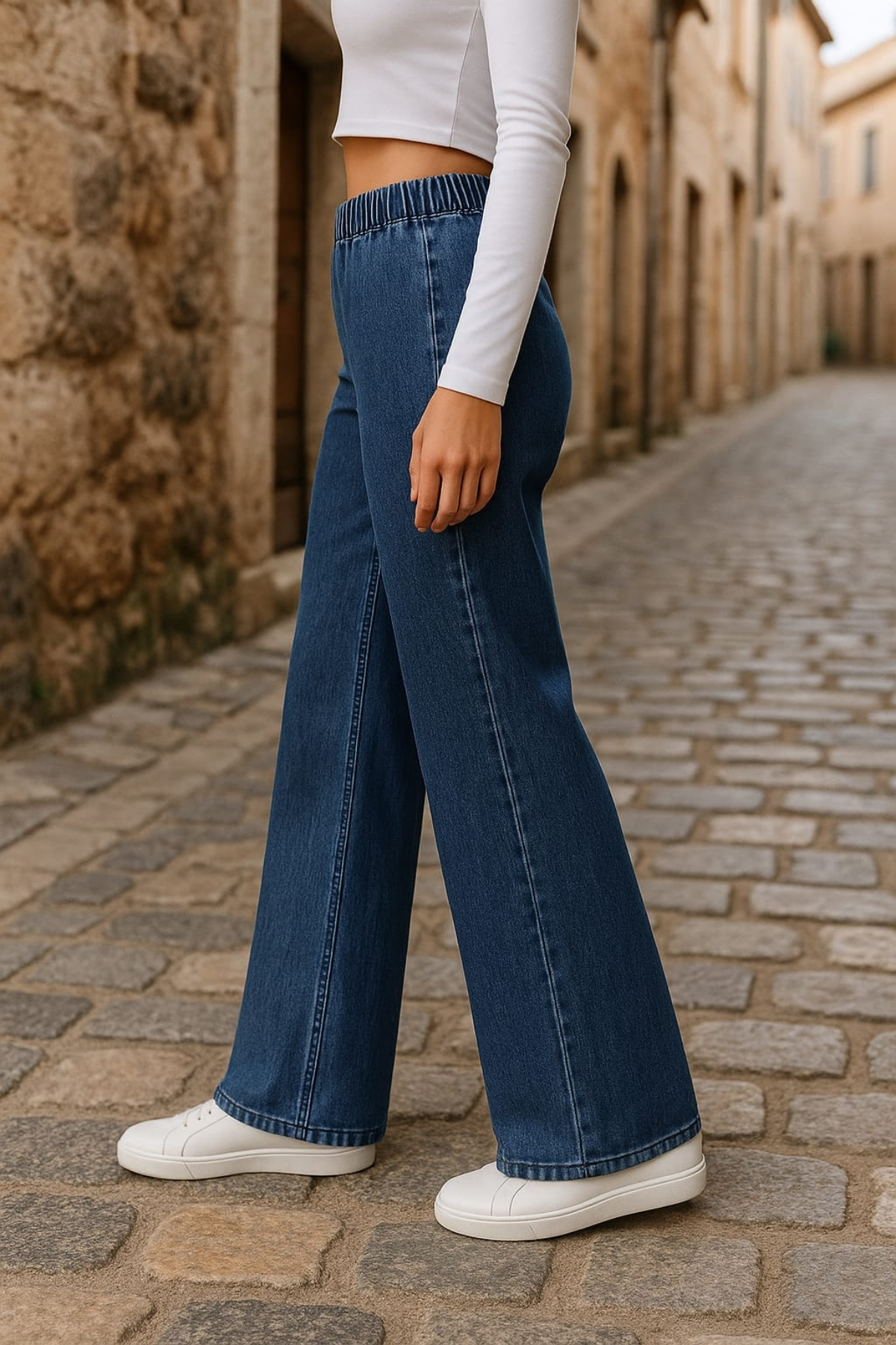 CEDY DENIM  - Likralı Kumaş Cepsiz Beli Lastikli Palazzo Pantolon C640-Açık Mavi - Görsel 8