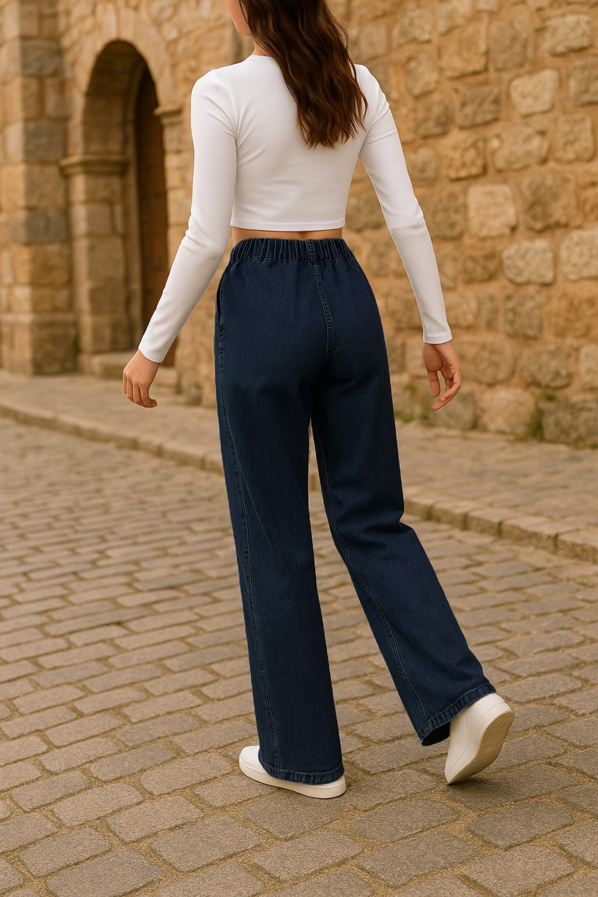 CEDY DENIM  - Likralı Kumaş Cepsiz Beli Lastikli Palazzo Pantolon C640-Mavi - Görsel 8
