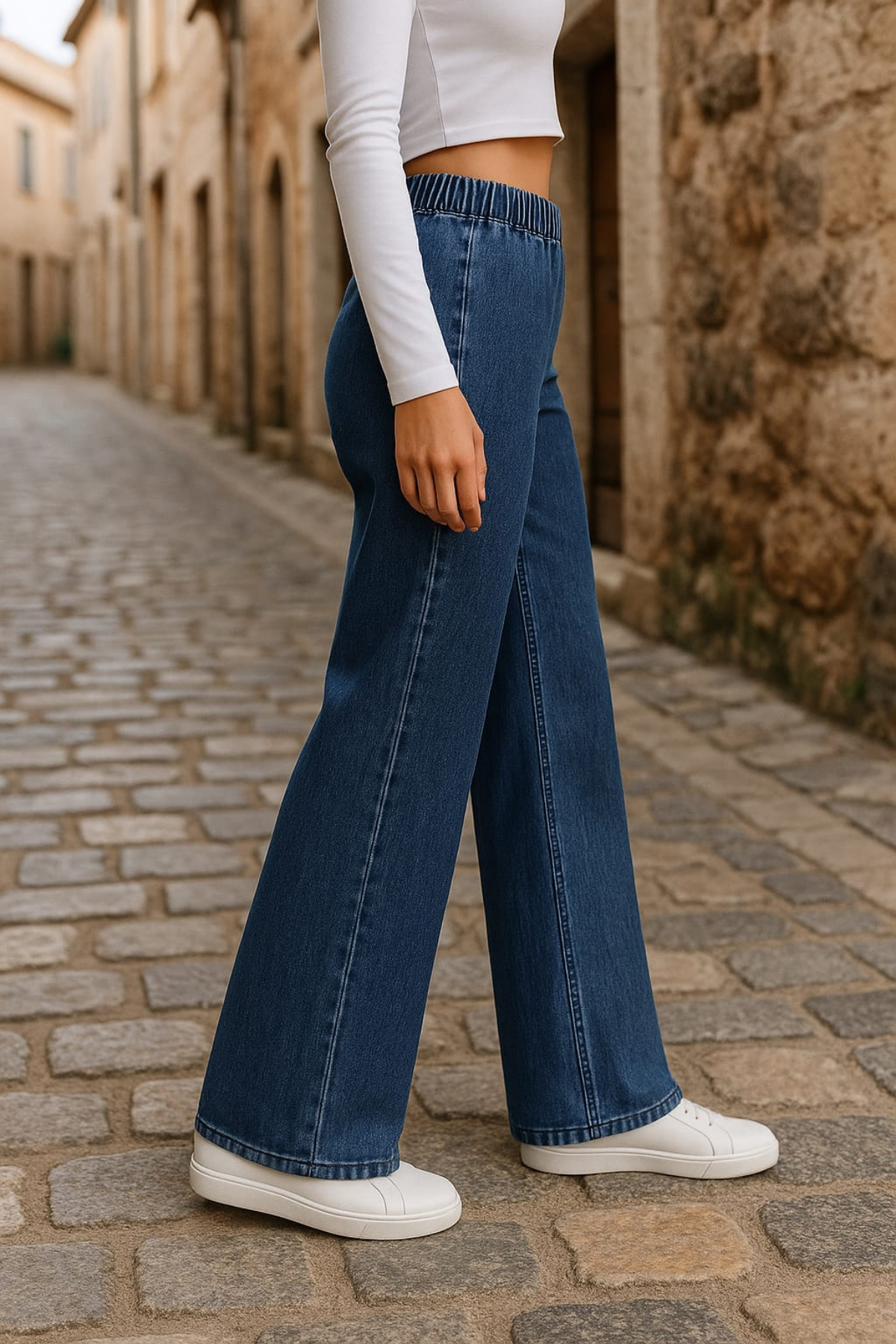 CEDY DENIM  - Likralı Kumaş Cepsiz Beli Lastikli Palazzo Pantolon C640-Açık Mavi - Görsel 5