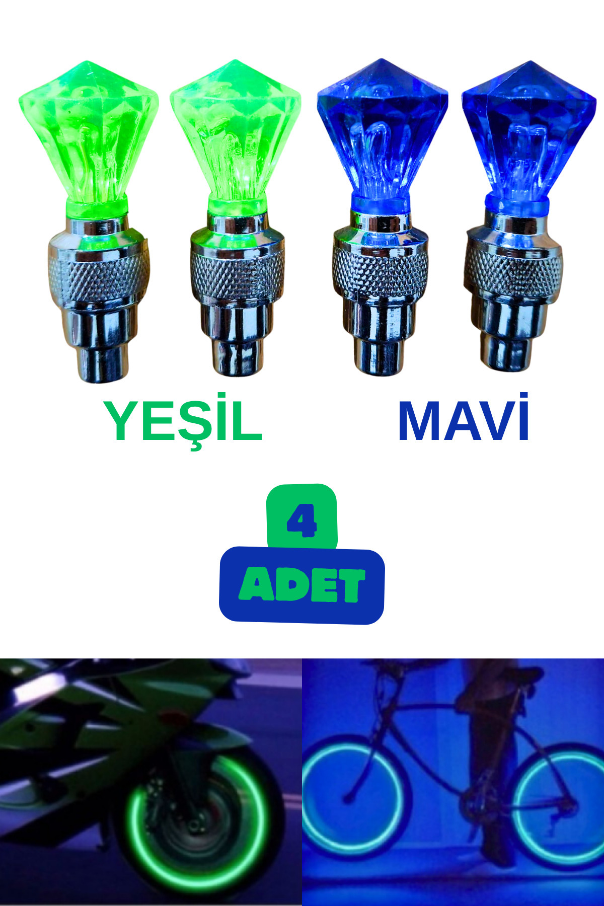 Vekorr 2 Çift Hareket Sensörlü Led Işıklı Sibop Elmas Şekilli Bisiklet Araç Motor Sibop Kapak Lambası