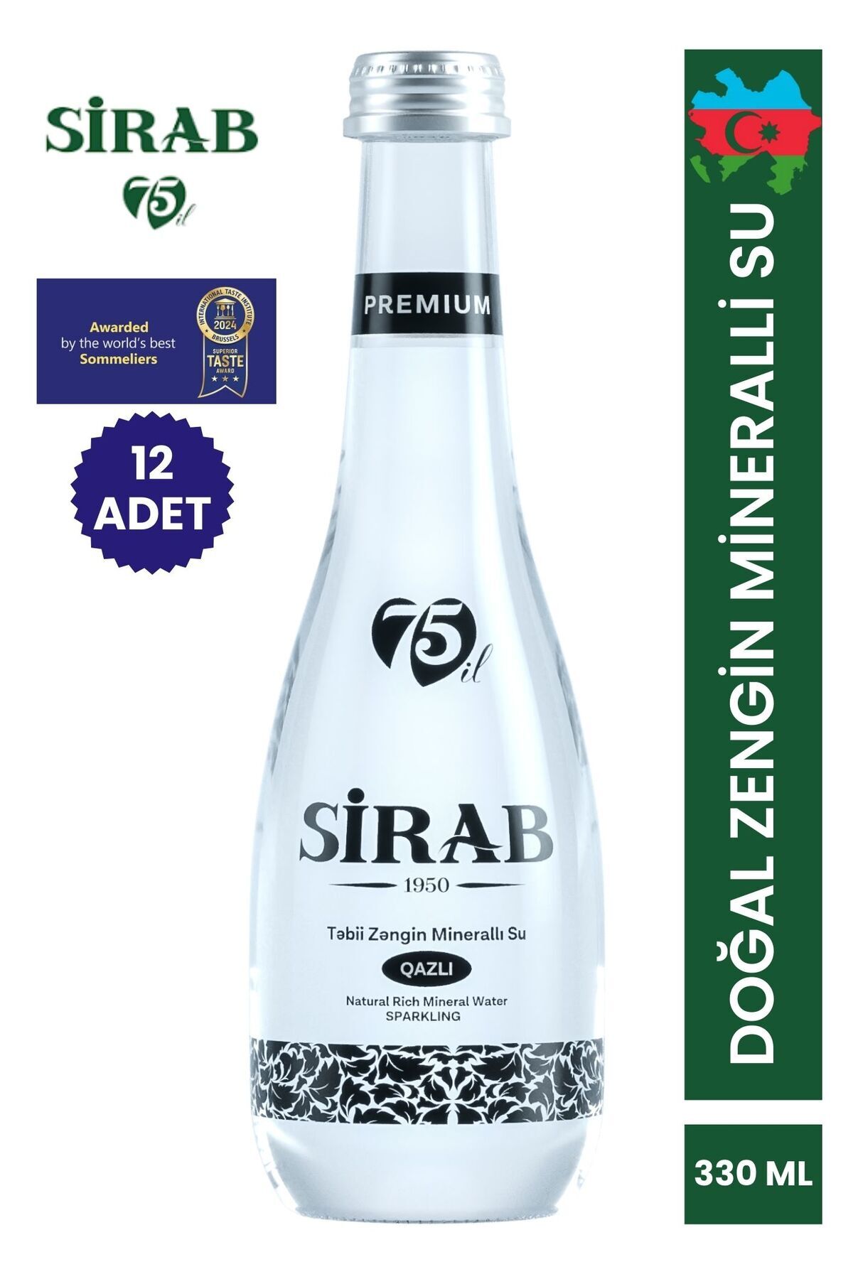 SİRAB Doğal Zengin Mineralli Maden Suyu Qazlı Premium 330 ml 12 Adet