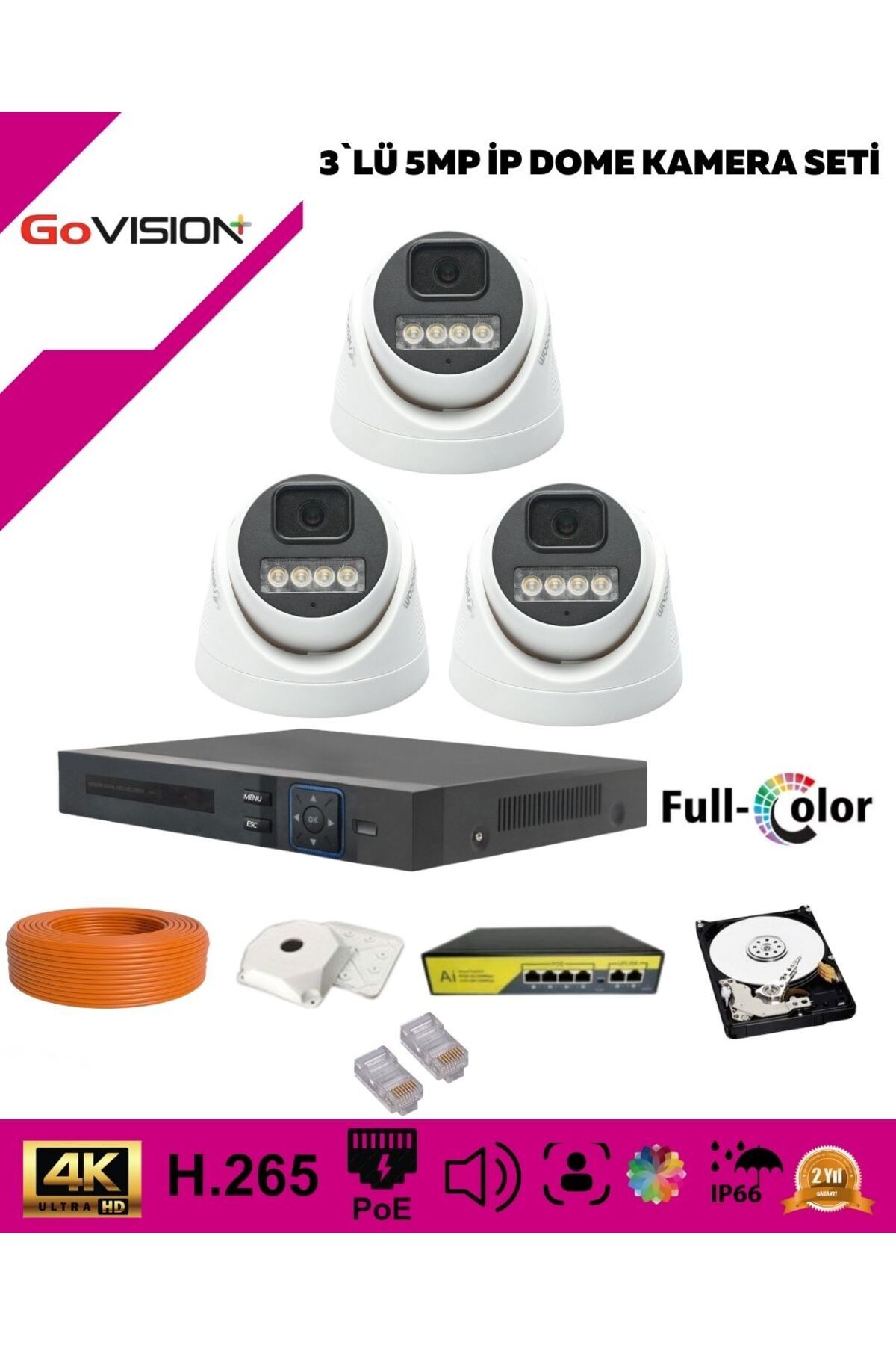 Go Vision 3'lü Güvenlik Ip Kamera Seti-5mp Dome Kamera, 3.6mm Lens,H.265,Poe,Warm LED Gece Görüşlü