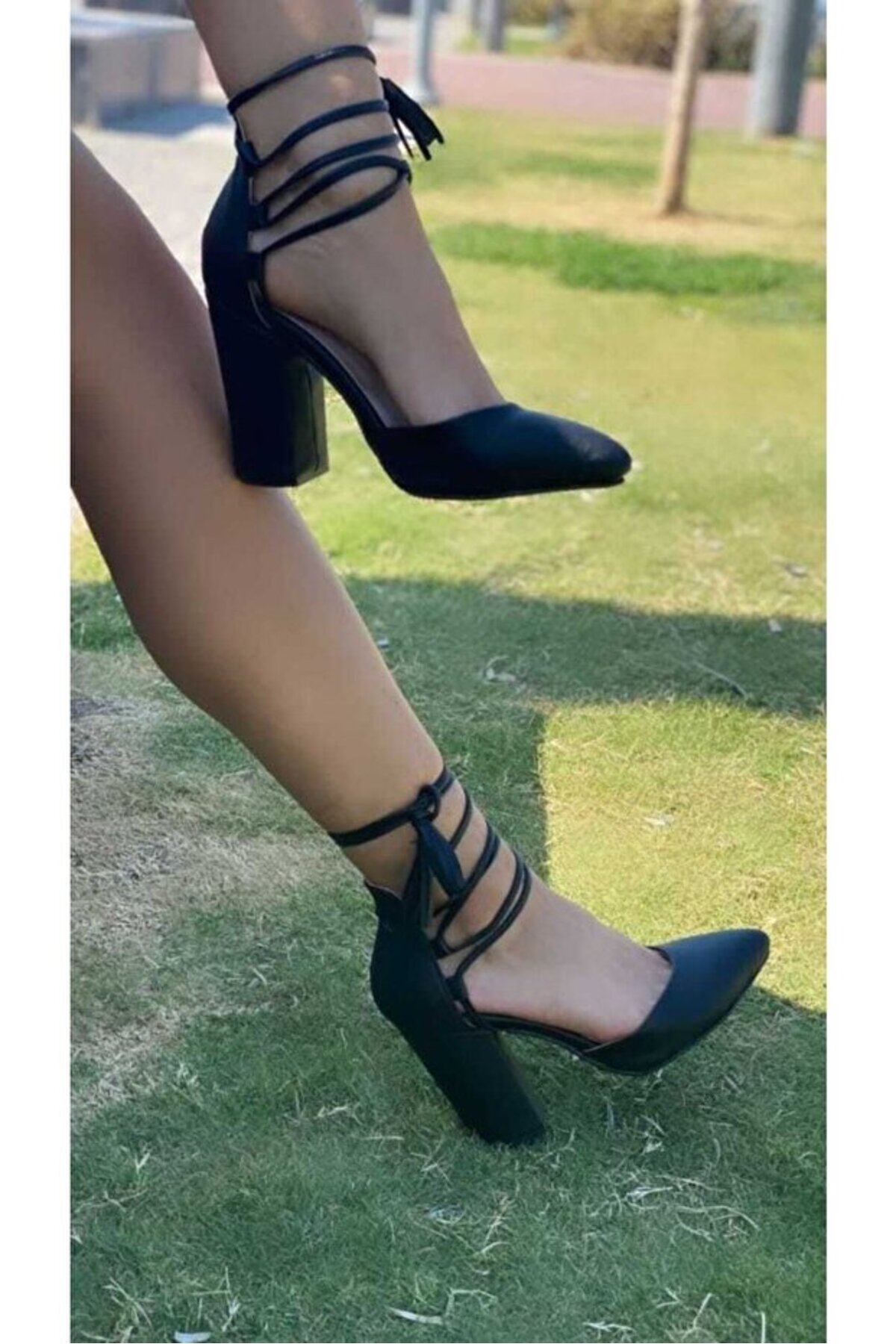 New Drawstring Black Skin Heels