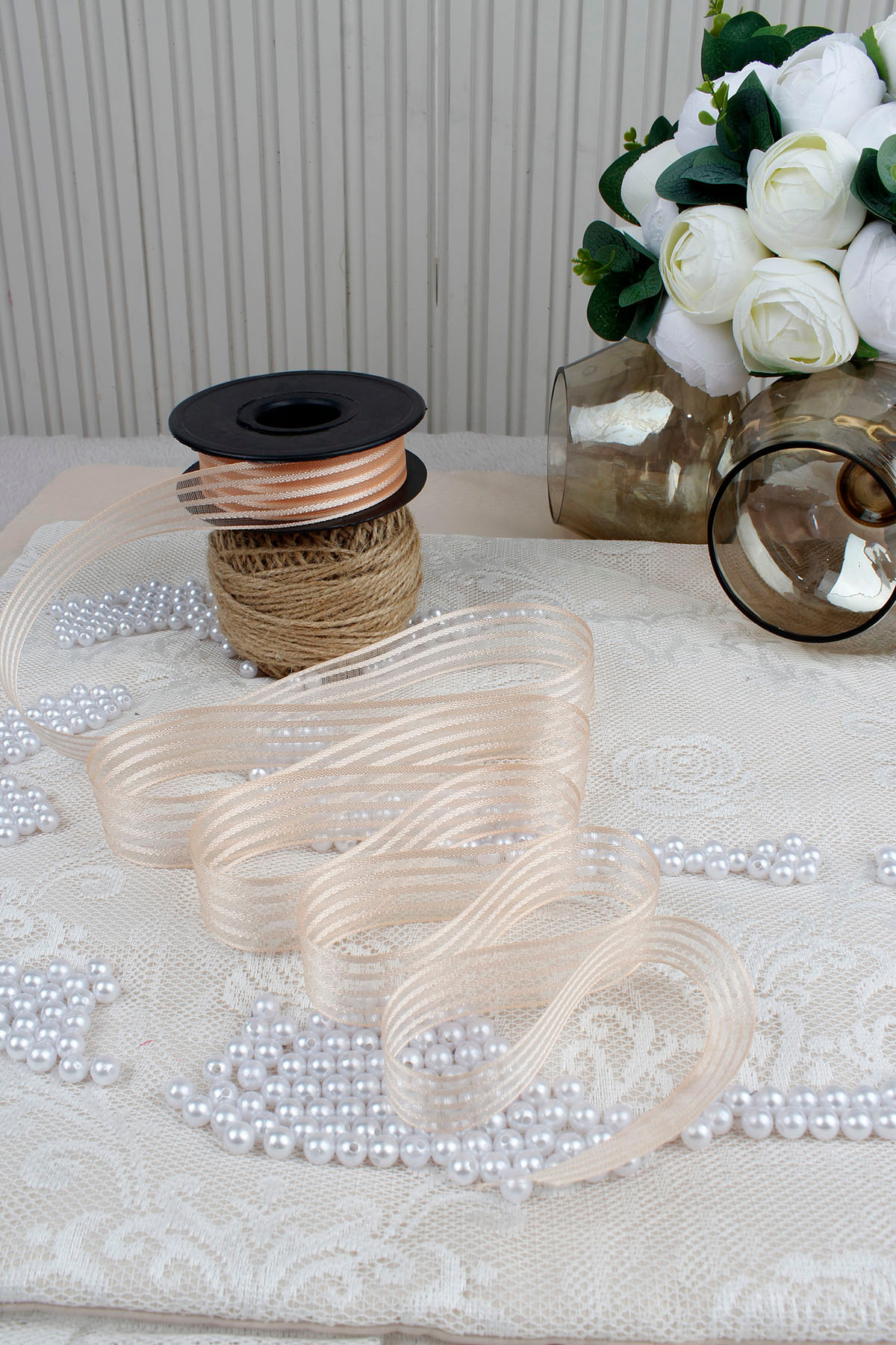 Salmon Hilton Striped Chiffon Ribbon 2.5 cm 20 mt - Bundle, Wedding, Engagement, Dowry, Gift, Ornament, Party
