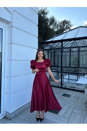 ASLIHANGÜNER NAREN kloş etek bordo kare yaka balon kol uzun elbise/abiye