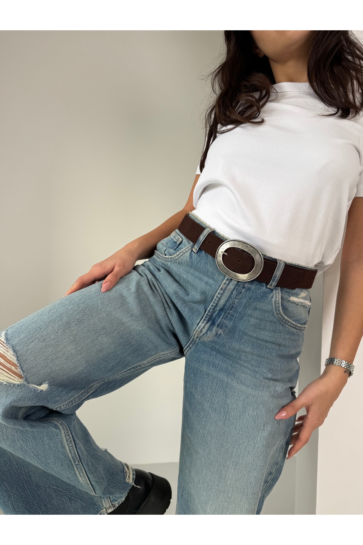 coaksco  Kadın Büyük Oval Tokalı Süet Acı Kahverengi Kemer - Görsel 3