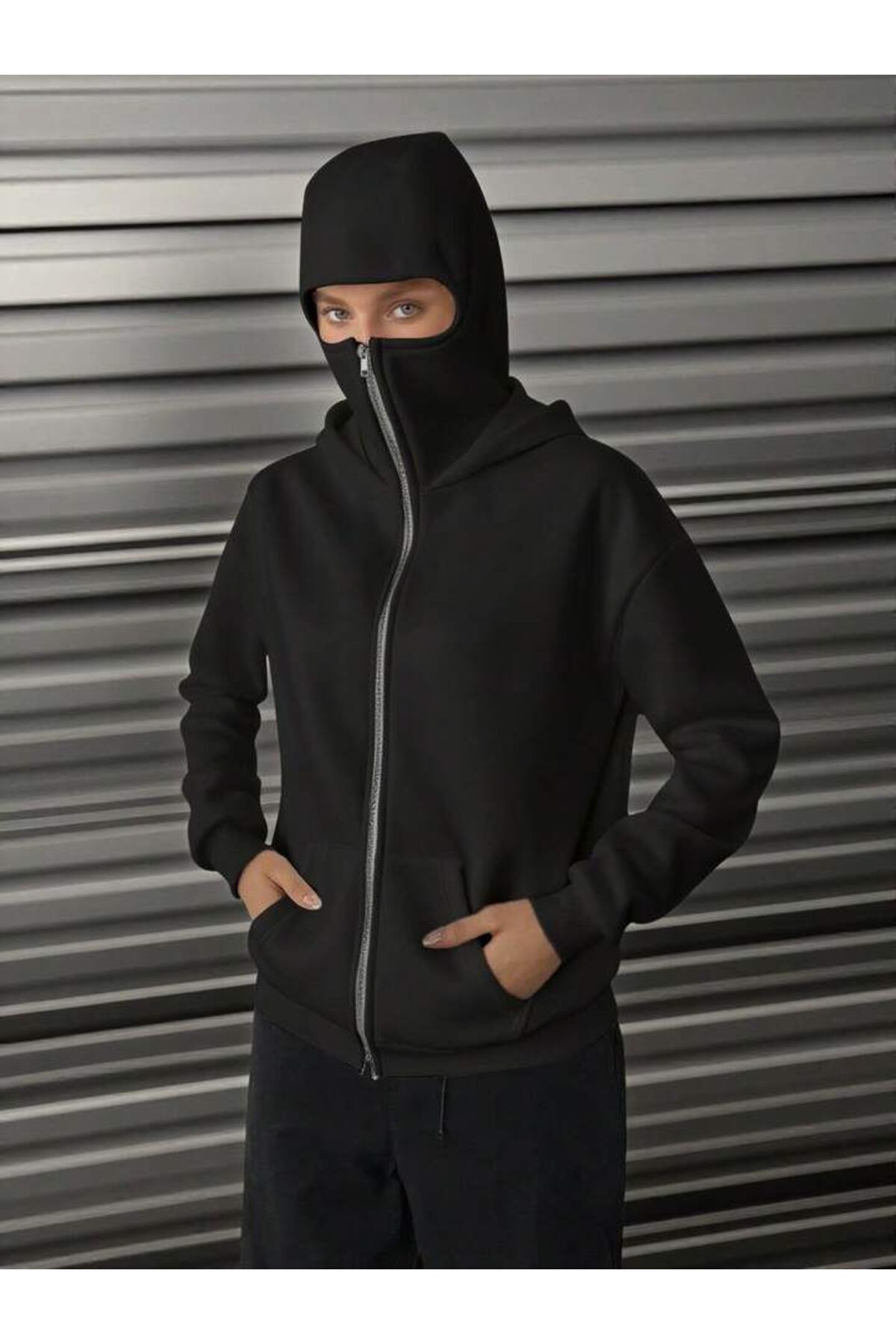 Machetta Kadın İçi Fermuar Maskeli Kapüşonlu Motorcu Ceket Sweatshirt Hoodie görsel 3