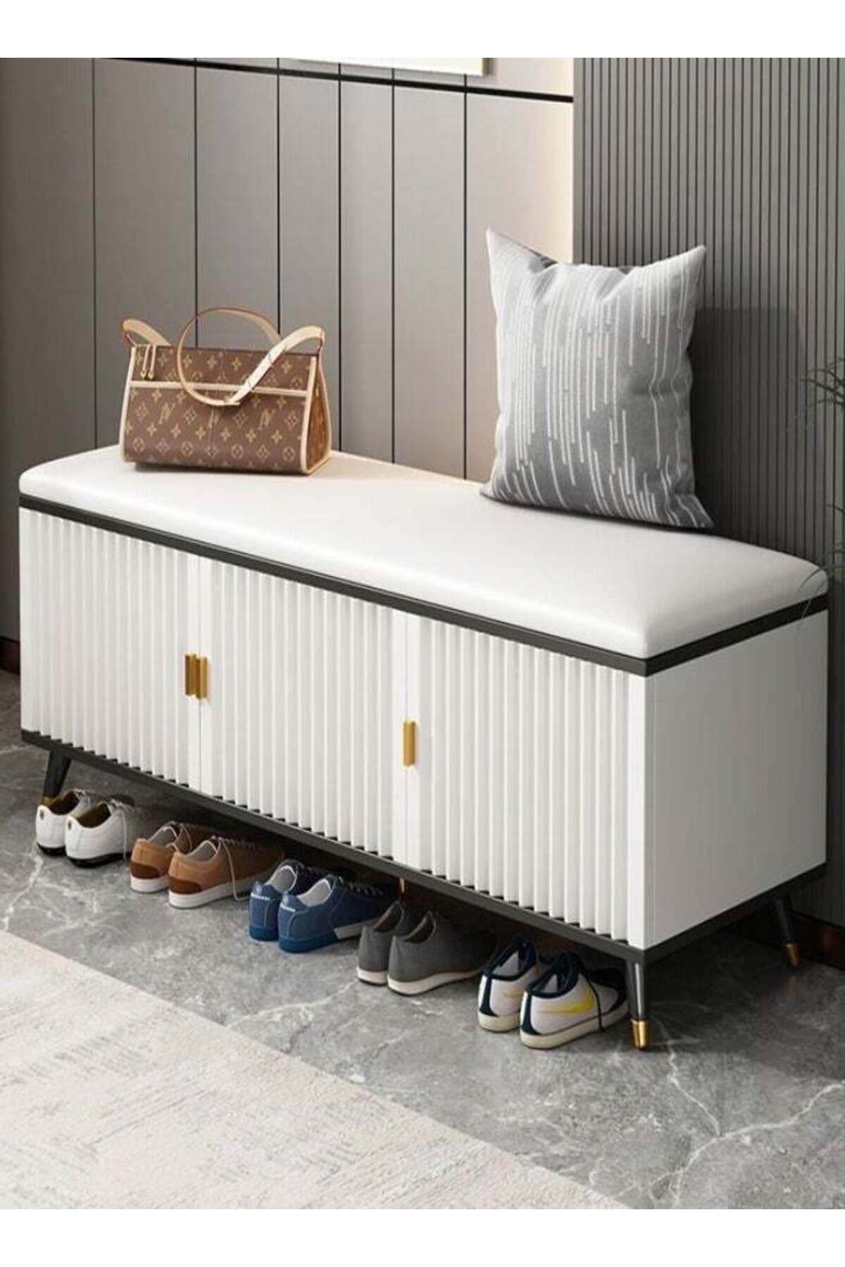 خزانة أحذية حديثة فاخرة مع مقعد جلدي - أبيض