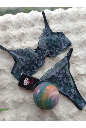 Purple midnight Yeşil Mor Çiçekli Balenli sütyen takımı Bralet Takım Esnek Da...