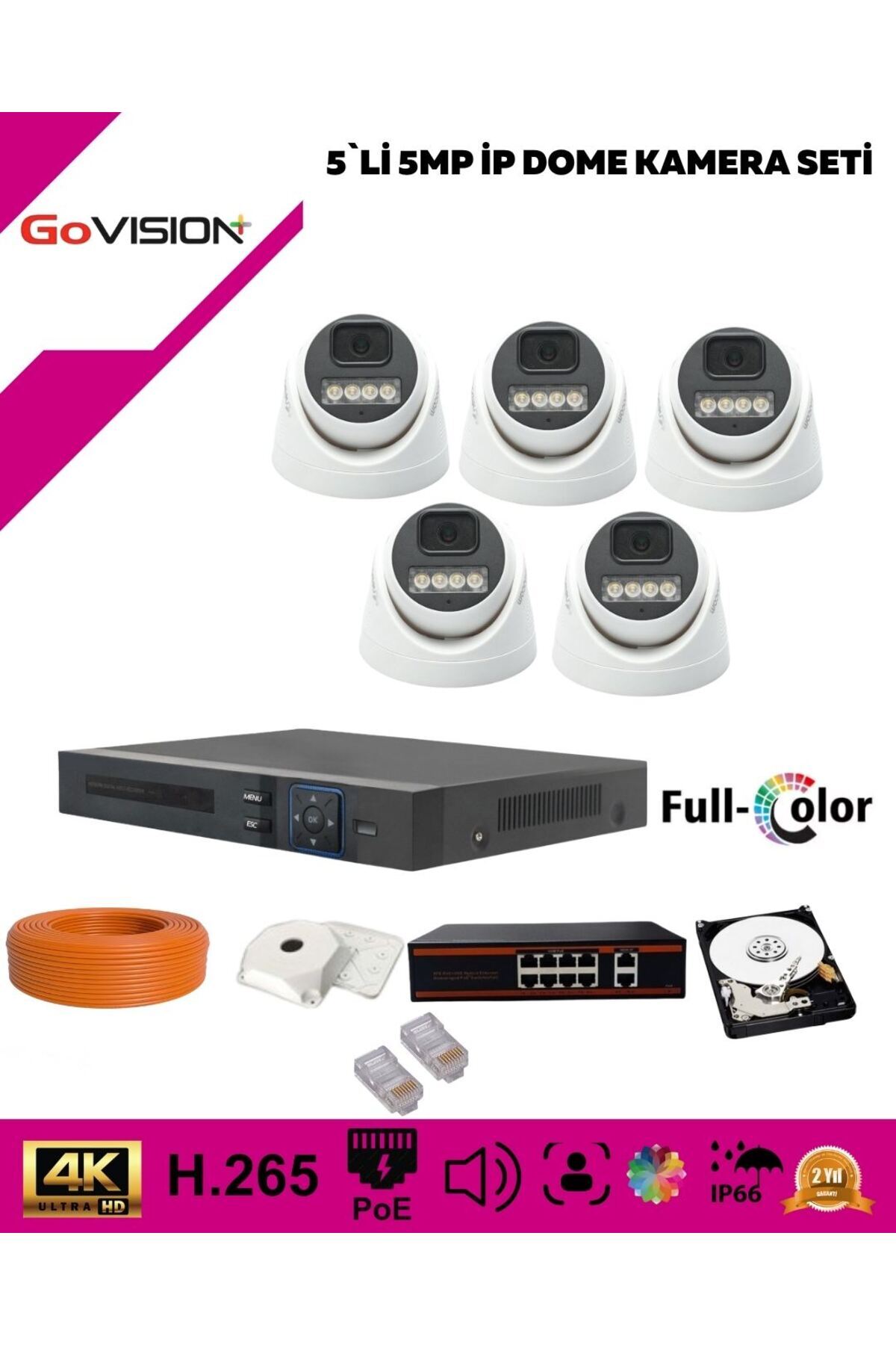 Go Vision 5'li Güvenlik Ip Kamera Seti-5mp Dome Kamera,3.6mm Lens,H.265,Poe,Warm LED Gece Görüşlü