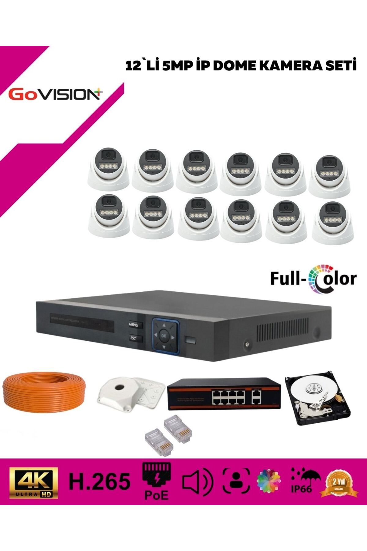 Go Vision 12'li Güvenlik Ip Kamera Seti-5mp Dome Kamera,3.6mmLens,H.265,Poe,Warm LED Gece Görüşlü