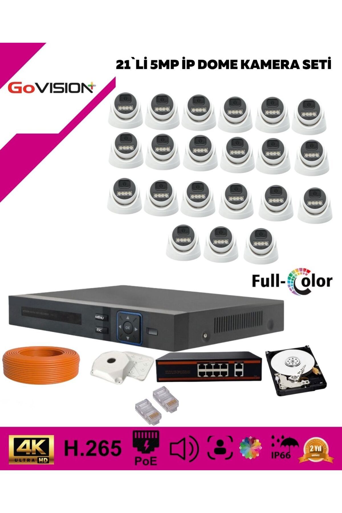 Go Vision 21'li Güvenlik Ip Kamera Seti-5mp Dome Kamera,3.6mmLens,H.265,Poe,Warm LED Gece Görüşlü