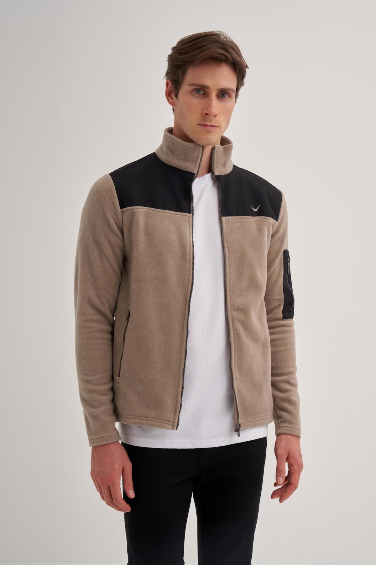 56380 Erkek Dik Yaka Sweat Hırka — بژ CAZ56380