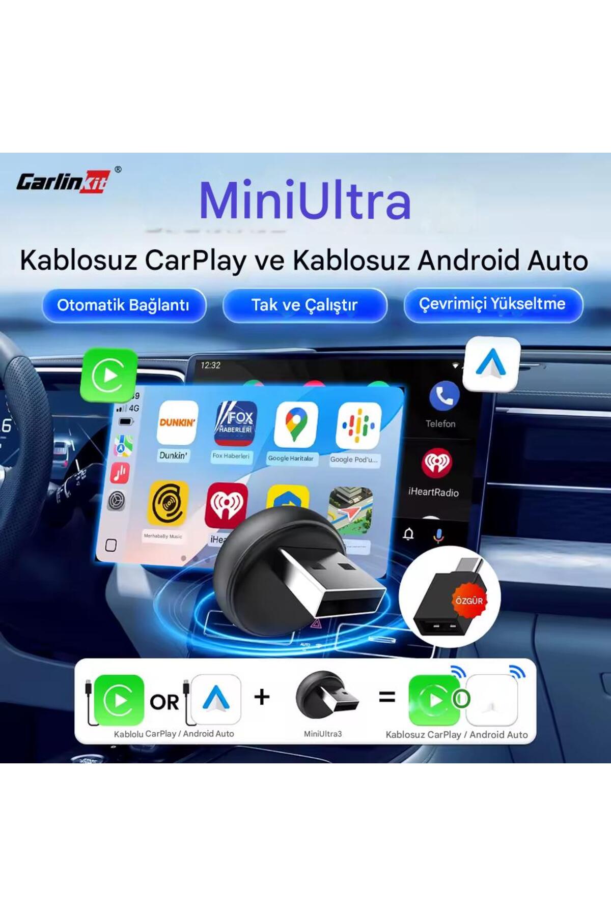 carlinkit Mini 5.0 Ultra3 Kablosuz Carplay & Android Auto Adaptörü Dual