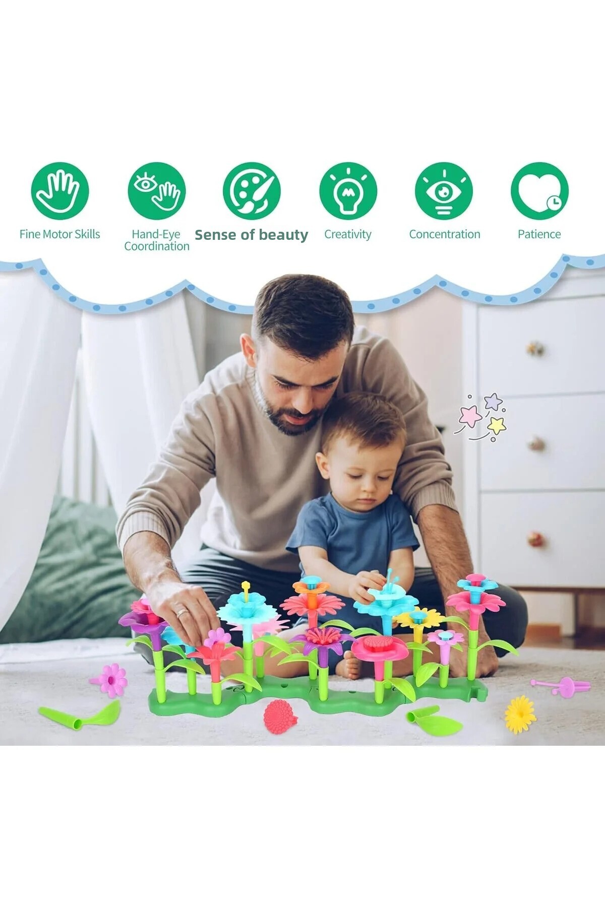 مجموعه ساختنی ۵۲ تکه باغ گل، بلوک‌های پلاگین، اسباب‌بازی مونته سوری، هوش STEM و مهارت‌های عملی هدیه