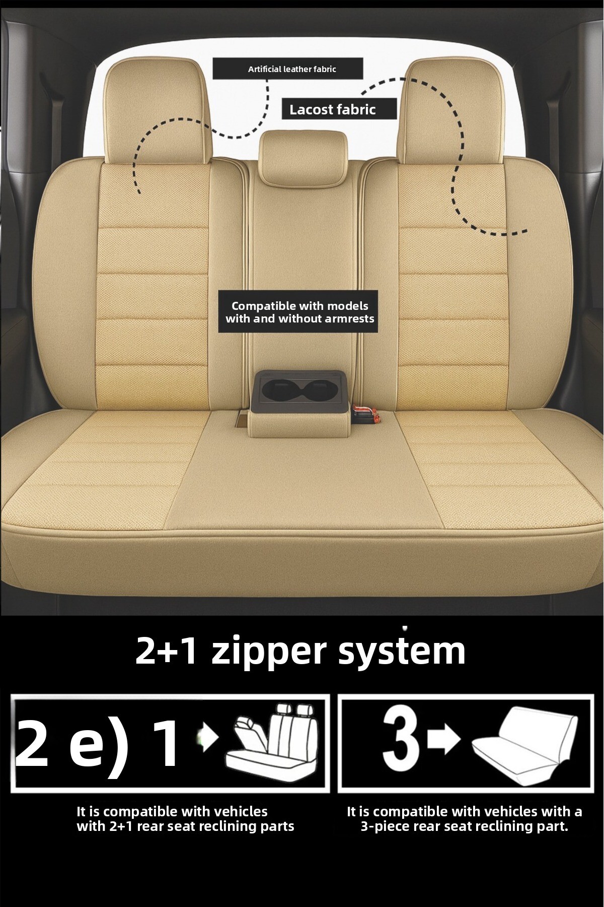 Universal Car Seat Covers Front Set | Pique Fabric, Beige/Black, Airbag Compatible | Protects Seats From Dirt & Wear