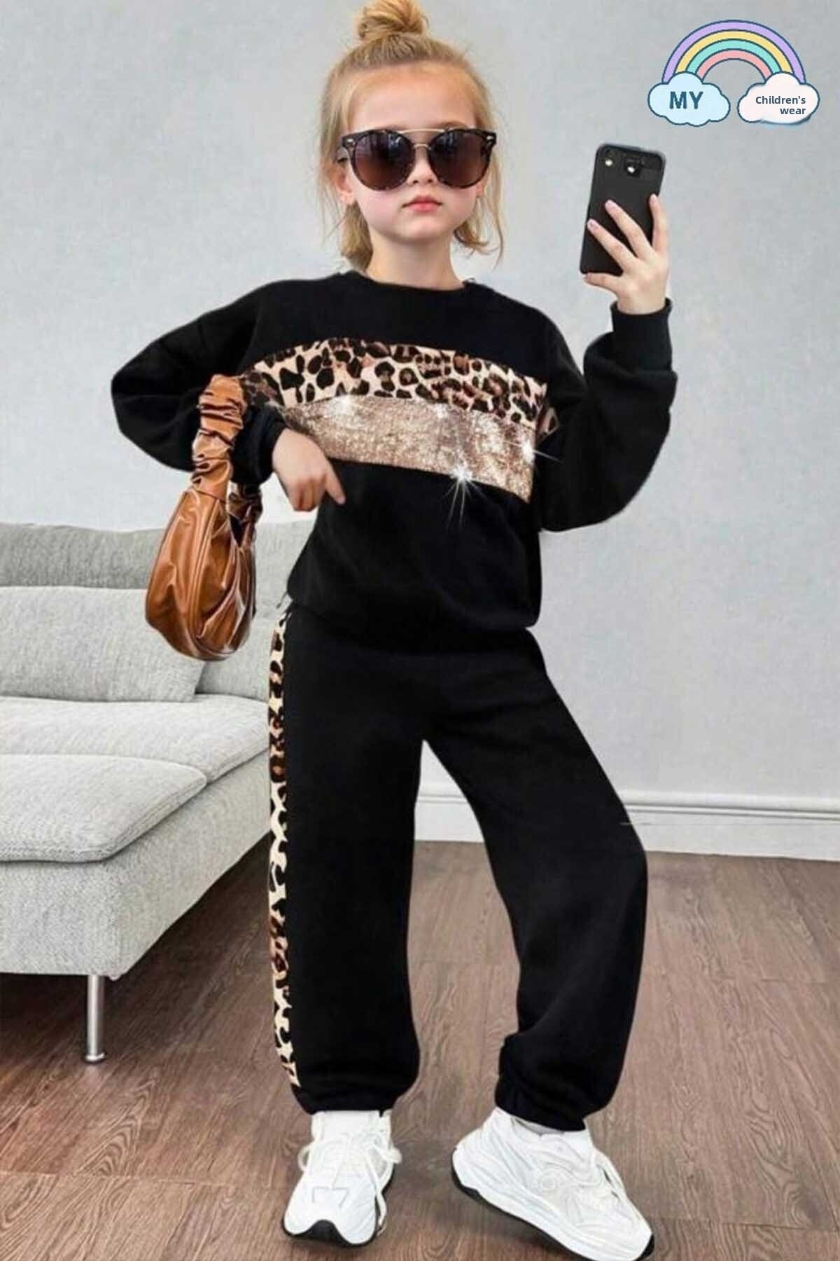 My Kids Wear Lány leopárdmintás csíkos tréningruha szett 3-14 éves korig 12059